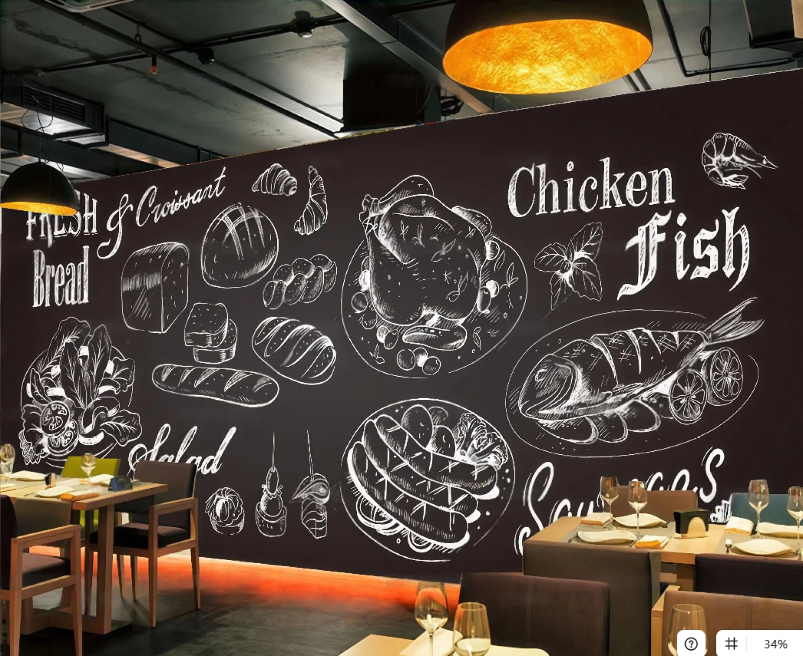 XDOUBAO Wallpaper Fashion Blackboard Hand-Painted Fried Chicken Shop Bread Dessert Theme Afternoon Tea Western Restaurant Background Wallpaper Coffee Shop Mural,3D,300x210cm