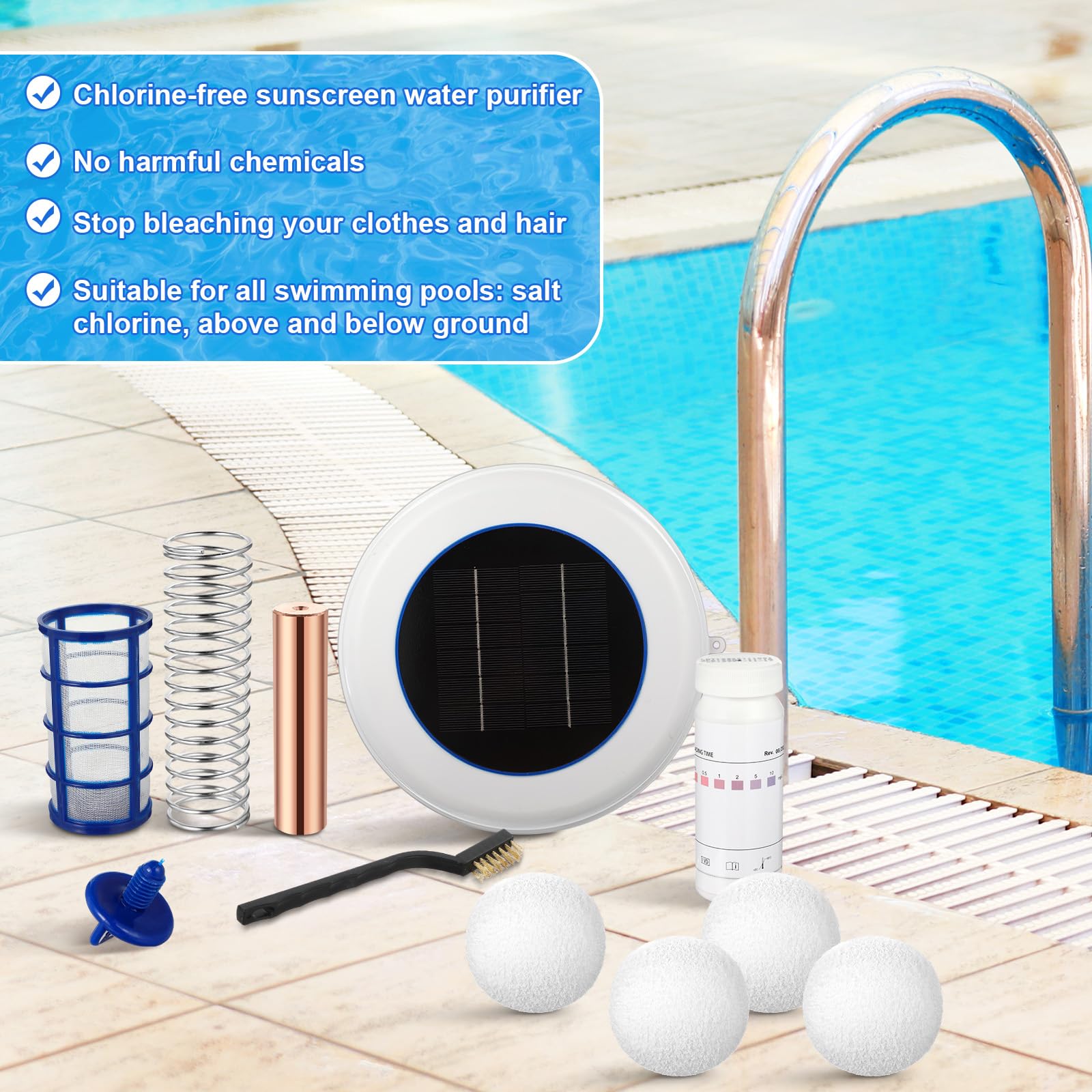 Qualirey 1 juego de ionizador de piscina solar flotante limpiador y purificador de agua, mata algas en la piscina, 85% menos de cloro, con 4 piezas de bola eliminadora para piscinas y spas de agua