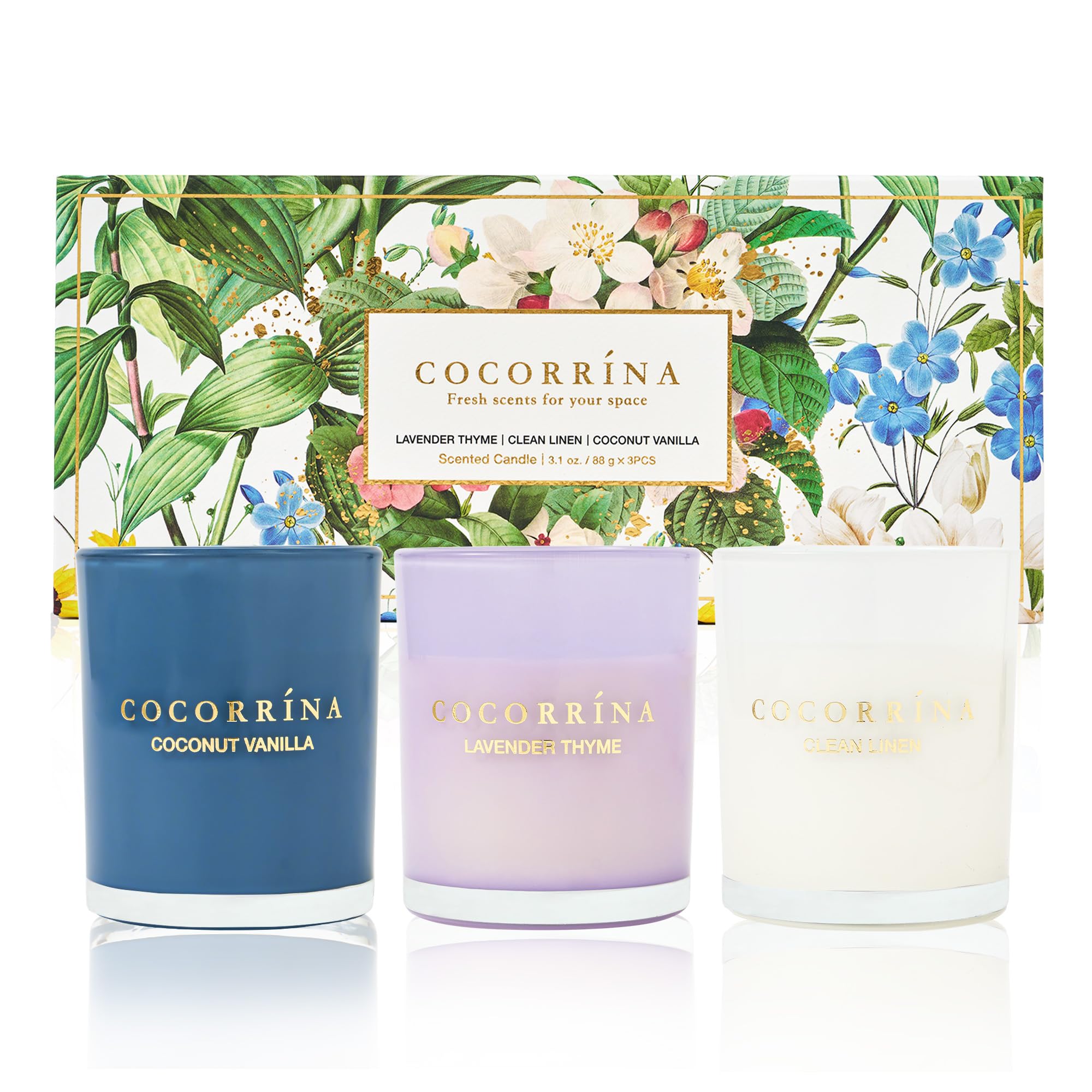 Cocorrína Velas Perfumadas Juego de Regalo para Mujer, 3 Piezas Velas Aromaticas cera de Soja para el Día de la Madre, Navidad, Cumpleaños(Lavanda Tomillo/Lino/Coco Vainilla)