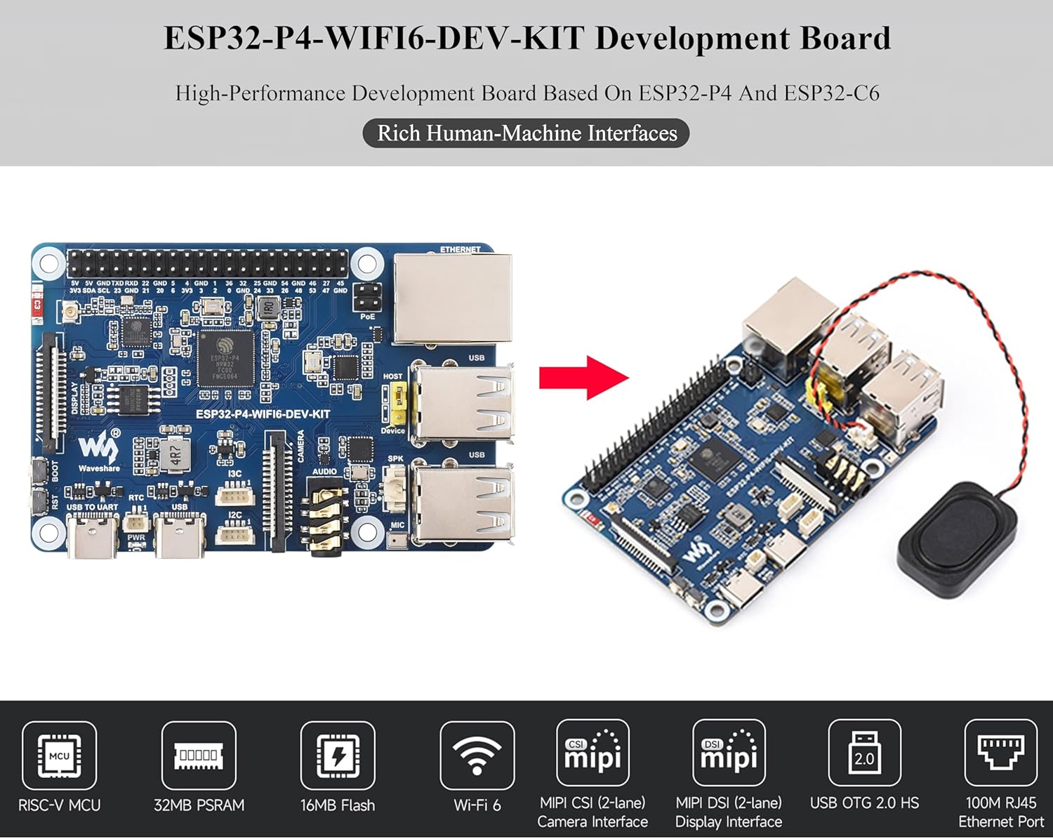 AI ESP32-P4-WIFI6-DEV-KIT Development Board, Based On ESP32-P4 and ESP32-C6, Supports Wi-Fi 6 and Bluetooth 5 / BLE 5, Rich Human-Machine Interfaces, Supports AI Speech Interaction, with Speaker