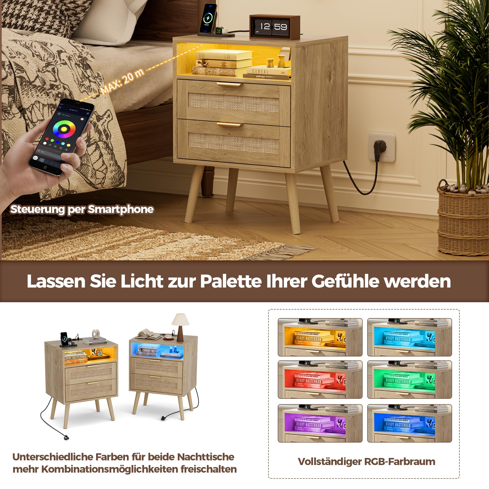 BonVache Rattan Nachttisch 2er Set, Farblich Einstellbares Licht, integrierter Steckdose und USB-A & C Anschlüssen, Offenem Fach und 2 Schubladen im Korbgeflecht-Stil, Massivholzfüßen