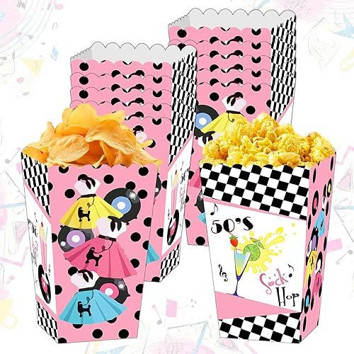 JeVenis Cajas de palomitas de maíz para fiesta de calcetines de los años 50, decoraciones de fiesta temática de los años 50, decoraciones de los