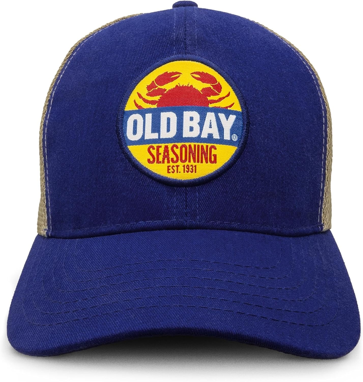 Tee Luv Old Bay Seasoning Hat - Old Bay Crab Logo Mesh Back Baseball Cap (Blue/Tan)