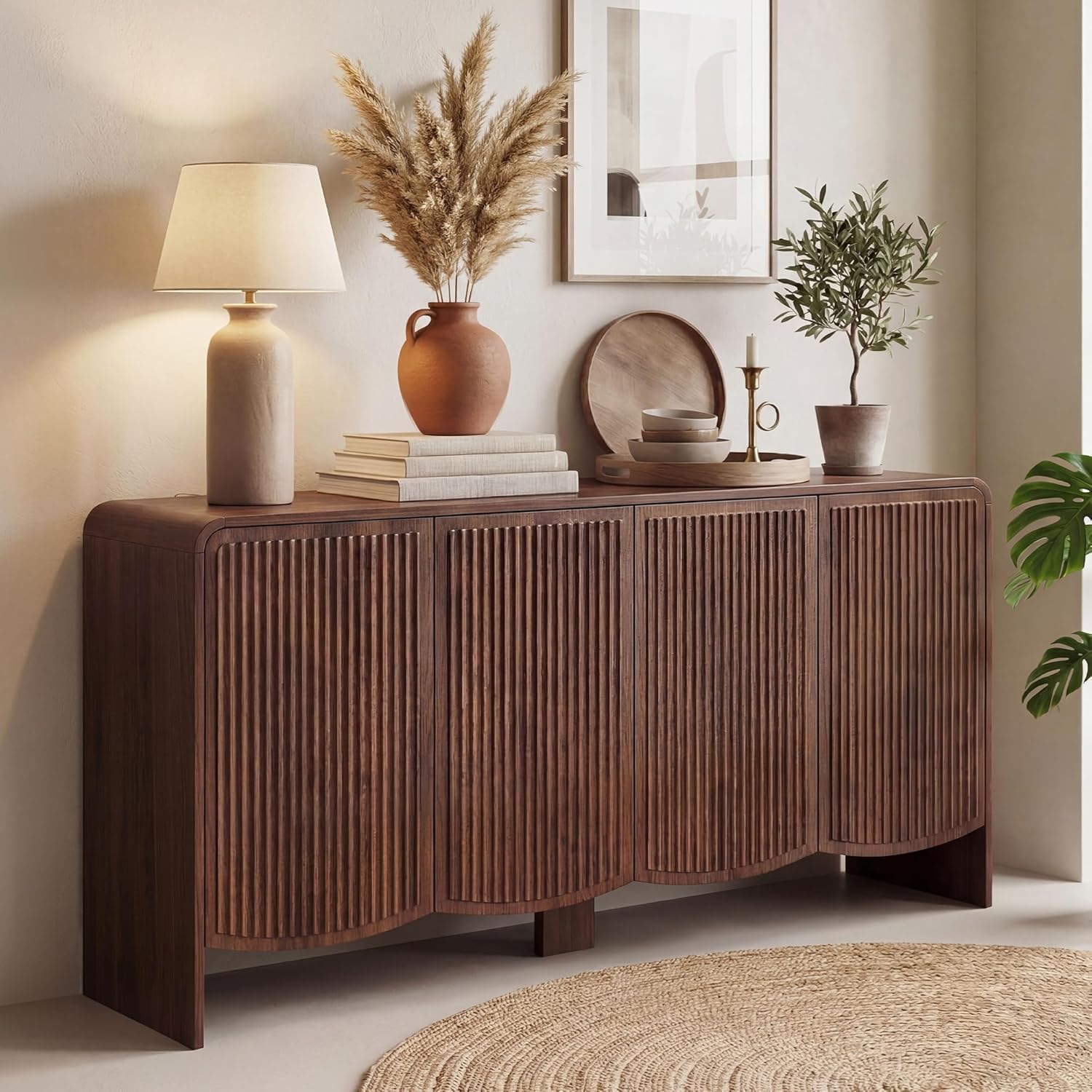 Seang Fluted Sideboard Buffet Cabinet with Storage,58" Modern Sideboard Cabinet with Curved Design & Adjustable Shelves,Wood Console Table for Living Room,Entryway,Kitchen,Walnut