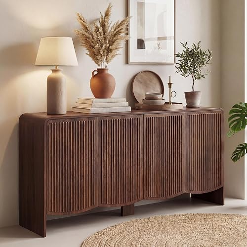 Seang Fluted Sideboard Buffet Cabinet with Storage,58" Modern Sideboard Cabinet with Curved Design & Adjustable Shelves,Wood Console Table for Living Room,Entryway,Kitchen,Walnut