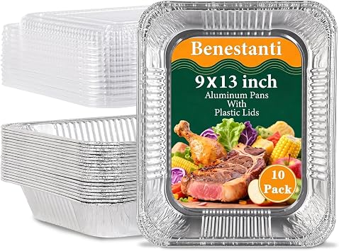 9x13 Inch Disposable Aluminum Pans with Clear Lids10 PackHalf Size Tin Foil Pans with Lids,Food Containers Disposable Baking Pans For Cooking, Meal Prep, Roasting, Chafing, Steam Table, Storage