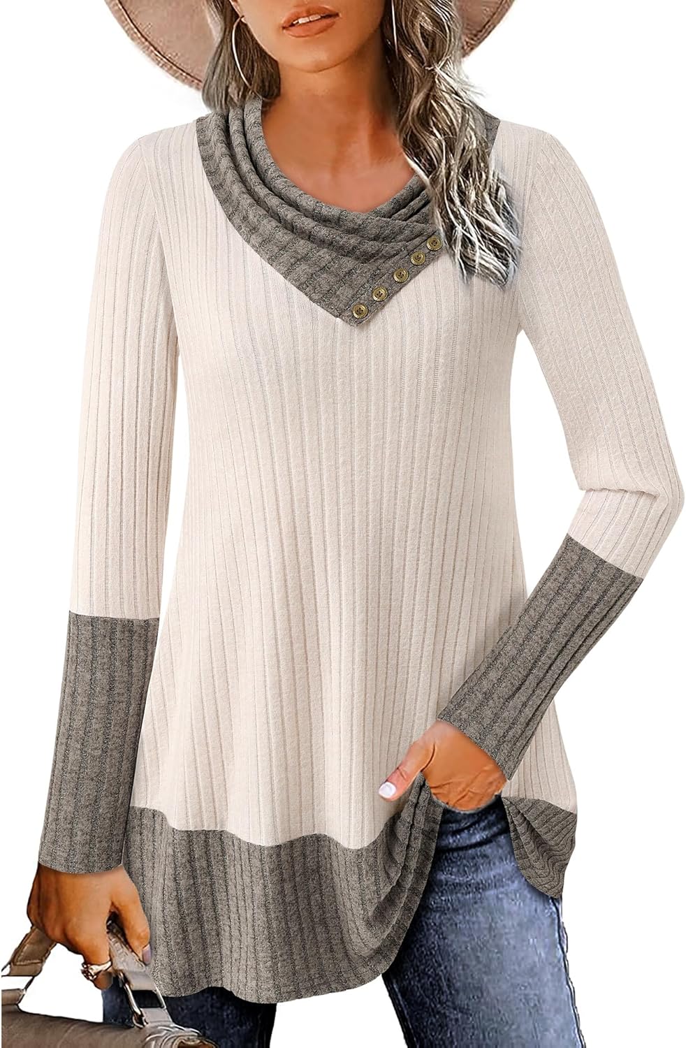 Gaharu Women's Long Sleeve Button Cowl Neck Floral Printed Casual Tunic Tops - Image 3