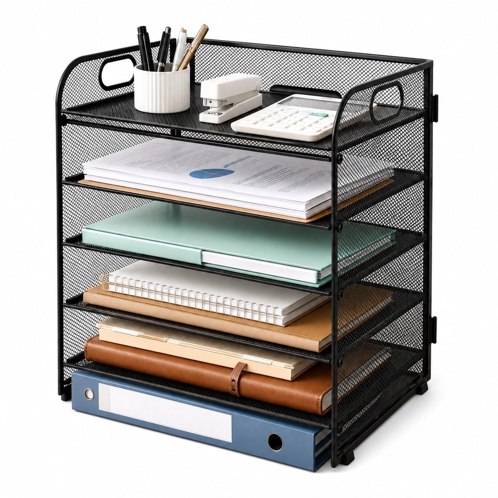 GOOGO 5-Tier Desk Organiser Letter Tray, Metal Desk File Organiser 32.8 x 24.9 x 34.5 cm, A4 Paper Sorter and Document Holder for Office, Home Study, School and Reception Desk (Black)