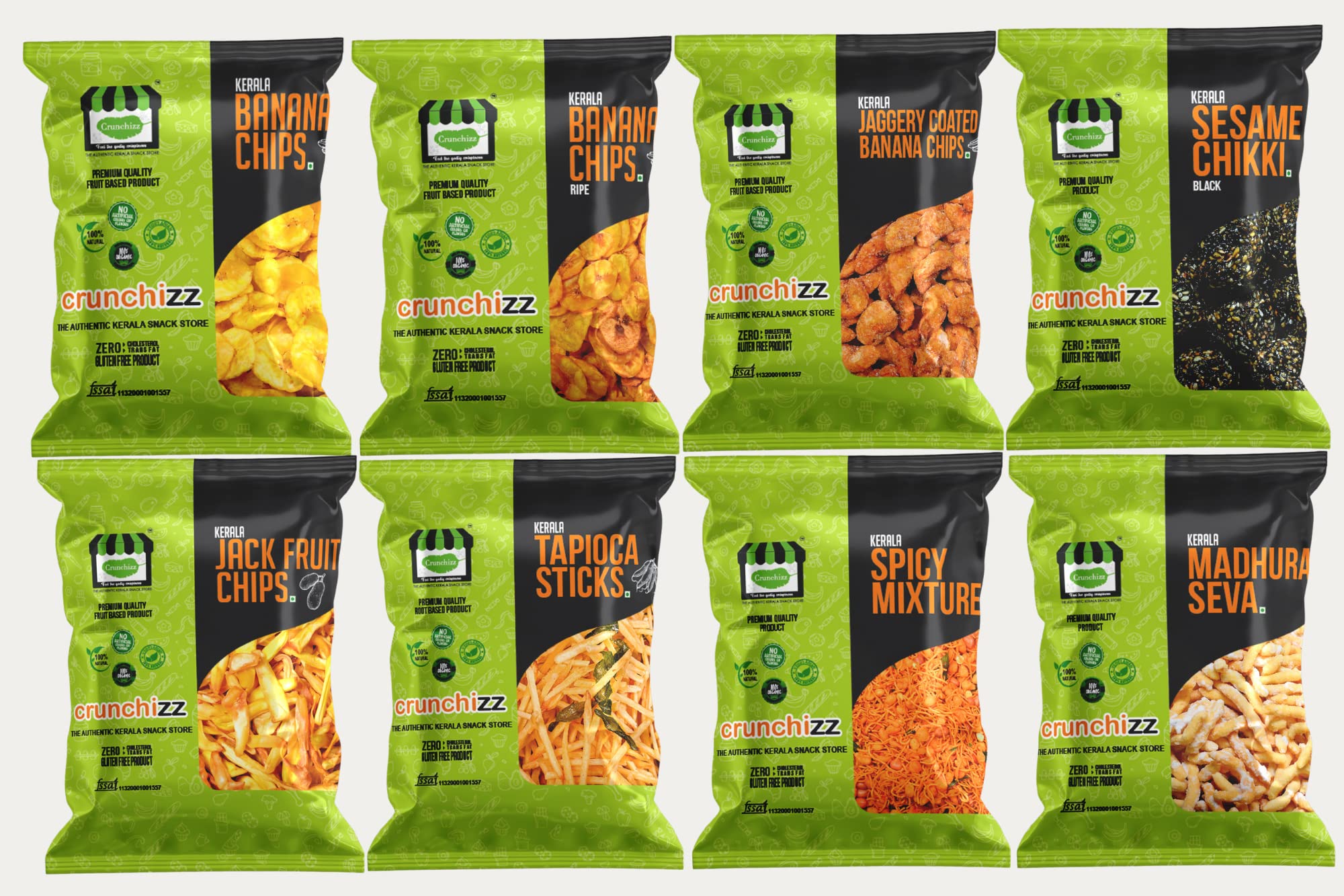 Crunchizz "8 in 1" PARTY SNACK PACK - Banana Chips, Jackfruit Chips, Banana Chips Ripe, Jaggery Coated Banana Chips, Sesame Chikki Black, Tapioca Sticks, Spicy Mixture, Madhuraseva - 175g Each