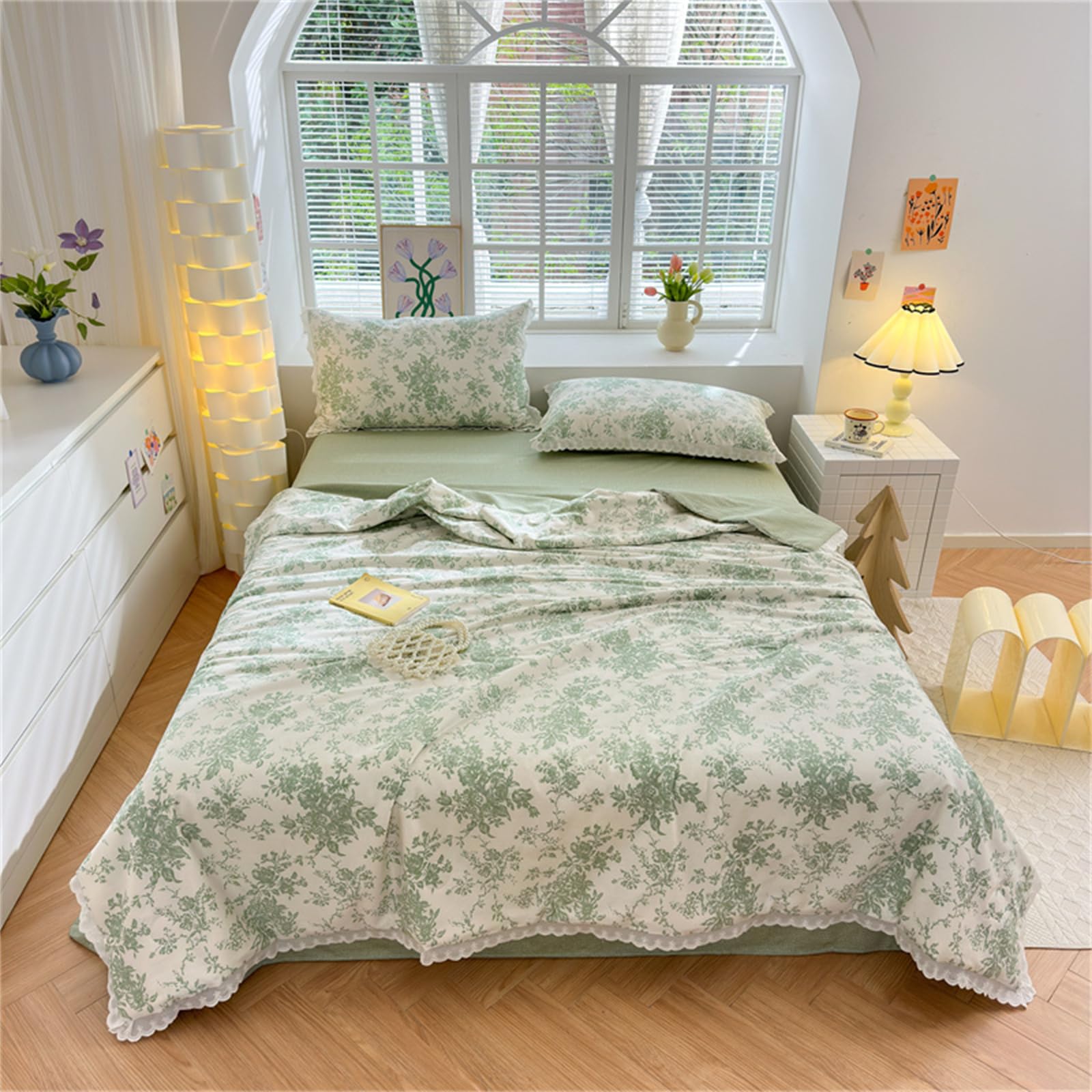Fansu 100% Algodón Colcha Acolchada Fina Suave Cubrecama Rellenos Finos Toda Temporada Edredón Colchas Bouti Cama 90/135/150, Manta para Sofa Encaje Blanco (Enredaderas Verdes,200x230cm)