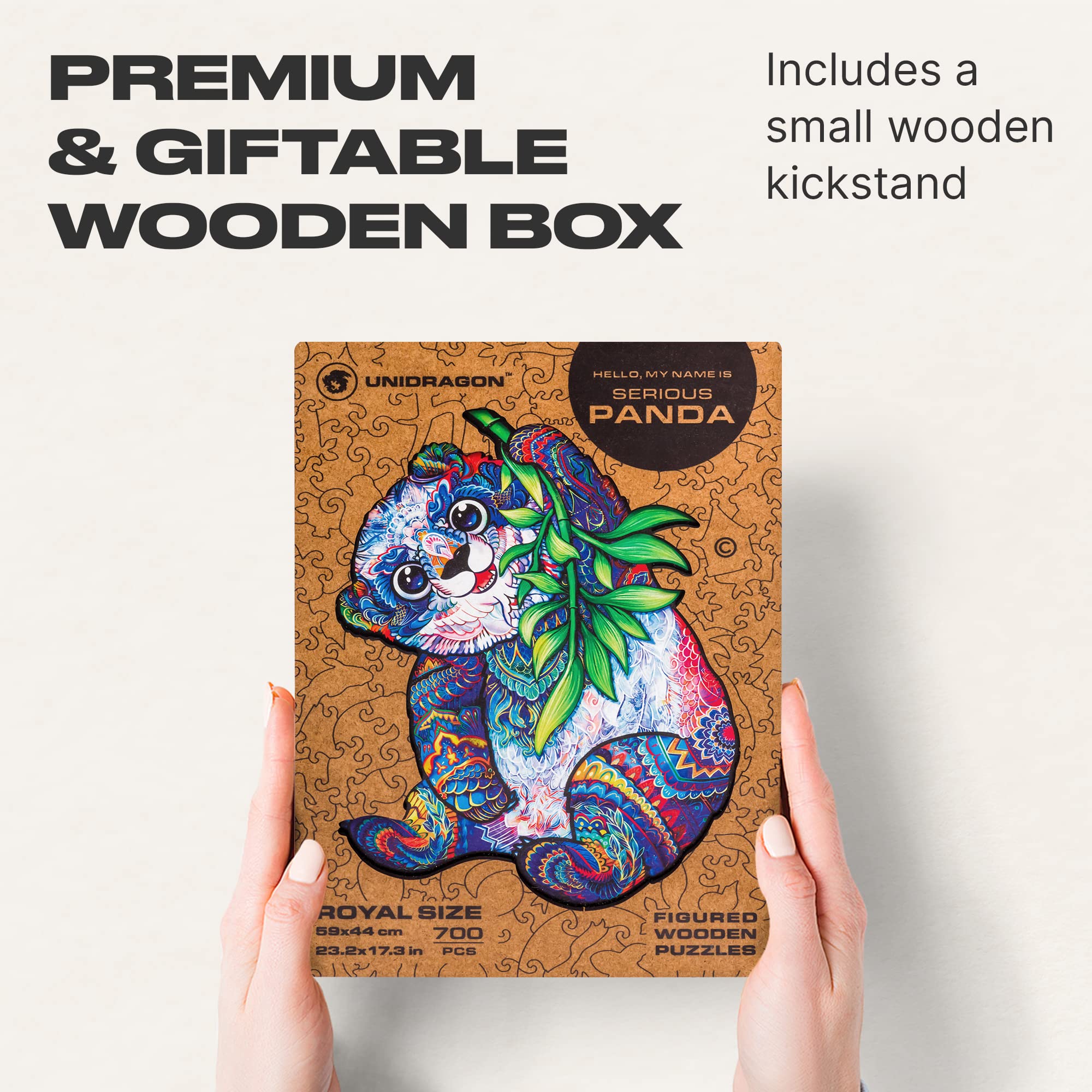 UNIDRAGON Puzzle Originali di Legno - Panda Serio, 700 pezzi, Dimensione Reale, 44 x 59 cm, Bellissimo Pacchetto Regalo, Forma Unica Miglior Regalo per Adulti e Bambini