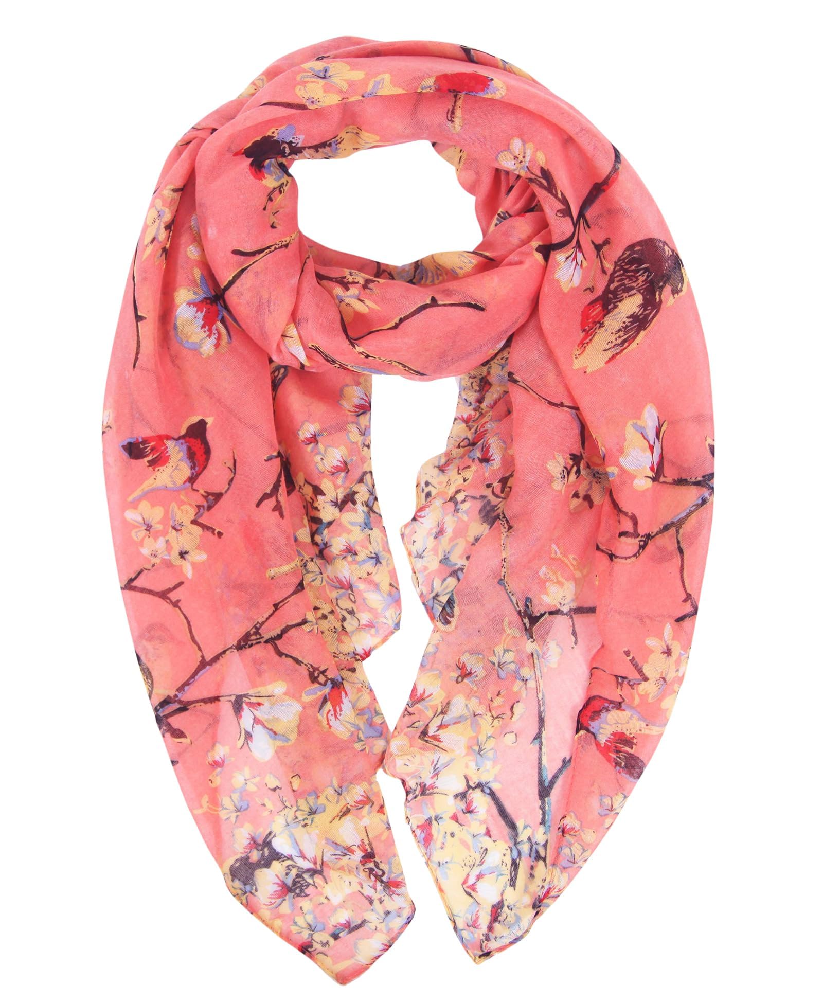 DiaryLook Women Lightweight Scarf Red Neck Scarf Gifts for Ladies Bird Long Scarves Fashionable Design Shawl Wrap, Coral