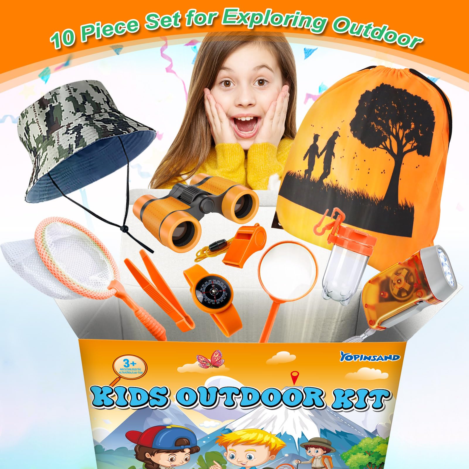 YOPINSAND Outdoor Exploration Kit, Camping Gear for Kids Children's Toy Explorer Kit with Backpack & Hat, Binoculars - Image 2