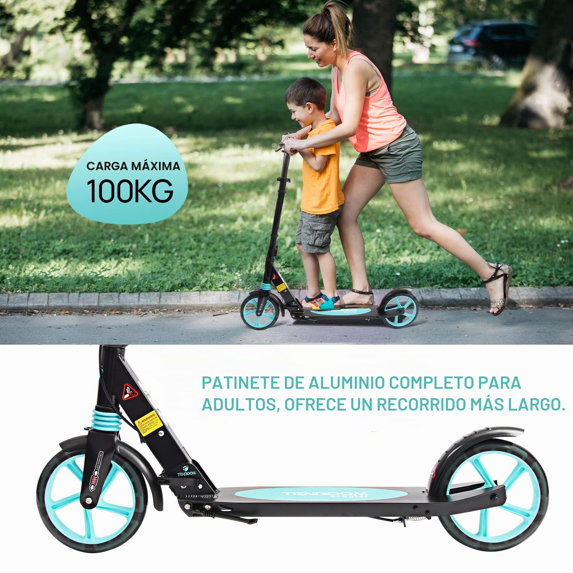 TENBOOM Ruedas de luz LED Patinete para Niños con Frenado de Mano y Frenado Trasero, Scooter para Adultos 2 Ruedas Luces, Patinete Infantil Plegable de Altura Ajustable, Regalo para Niños de 8-12años