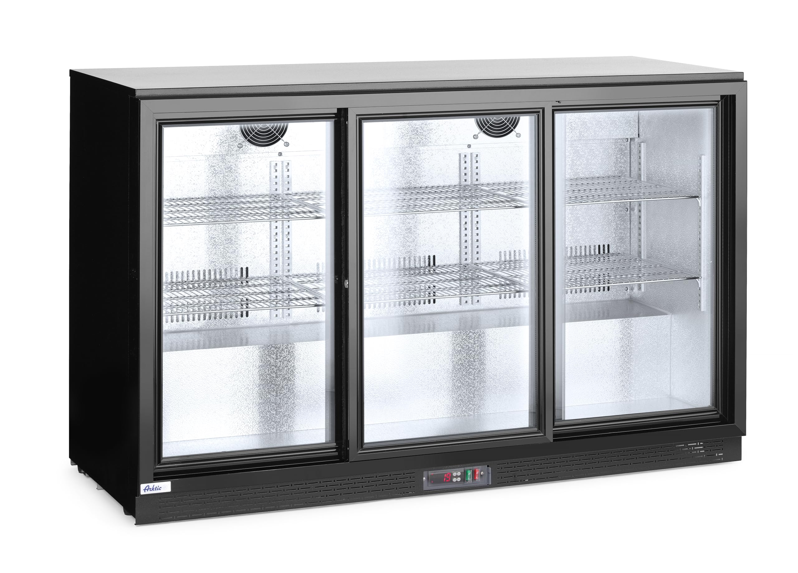HENDI Refrigerador bajo mostrador para bebidas Arktic, puertas correderas triples, 254L, 0–10°C, 220V, 160W, 1350x520x(H) 865mm, acero con recubrimiento en polvo negro