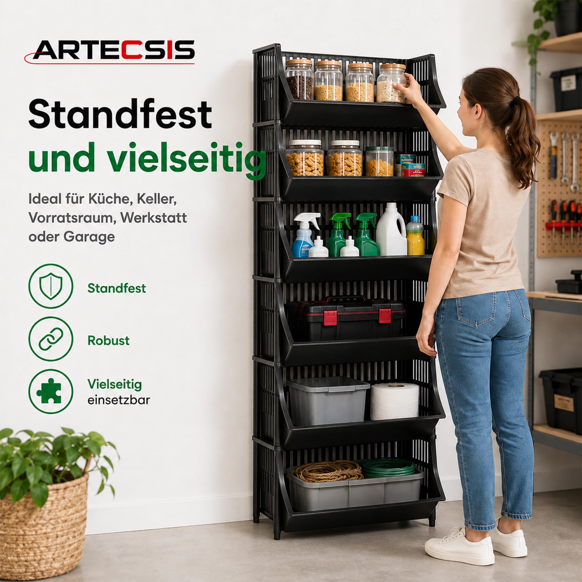 ARTECSIS® Korbregal aus Kunststoff mit 12 Körben stapelbar & modular erweiterbares Stecksystem schwarz 110cm hoch - Kellerregal & Vorratsregal für Lagerung - Abstellraum Steckregal & Lagerregal