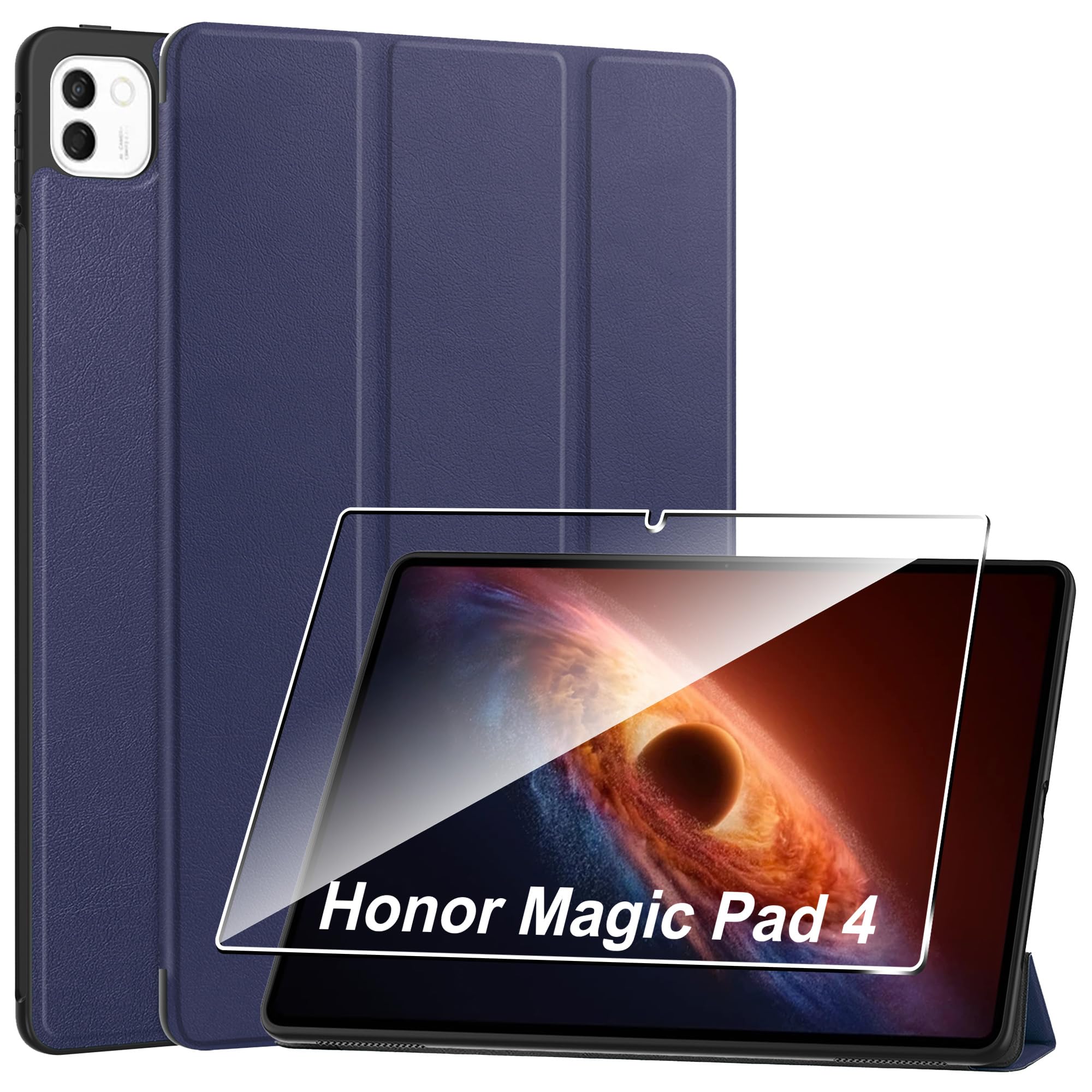 Custodia per Honor Magic Pad 4 12.3" Cover in Pelle Case, + [1 Pezzi] Vetro Temperato Pellicola Protettiva [Auto Svegliati/Sonno][Supporto Funzione ] [Anti-Scratch] Blu