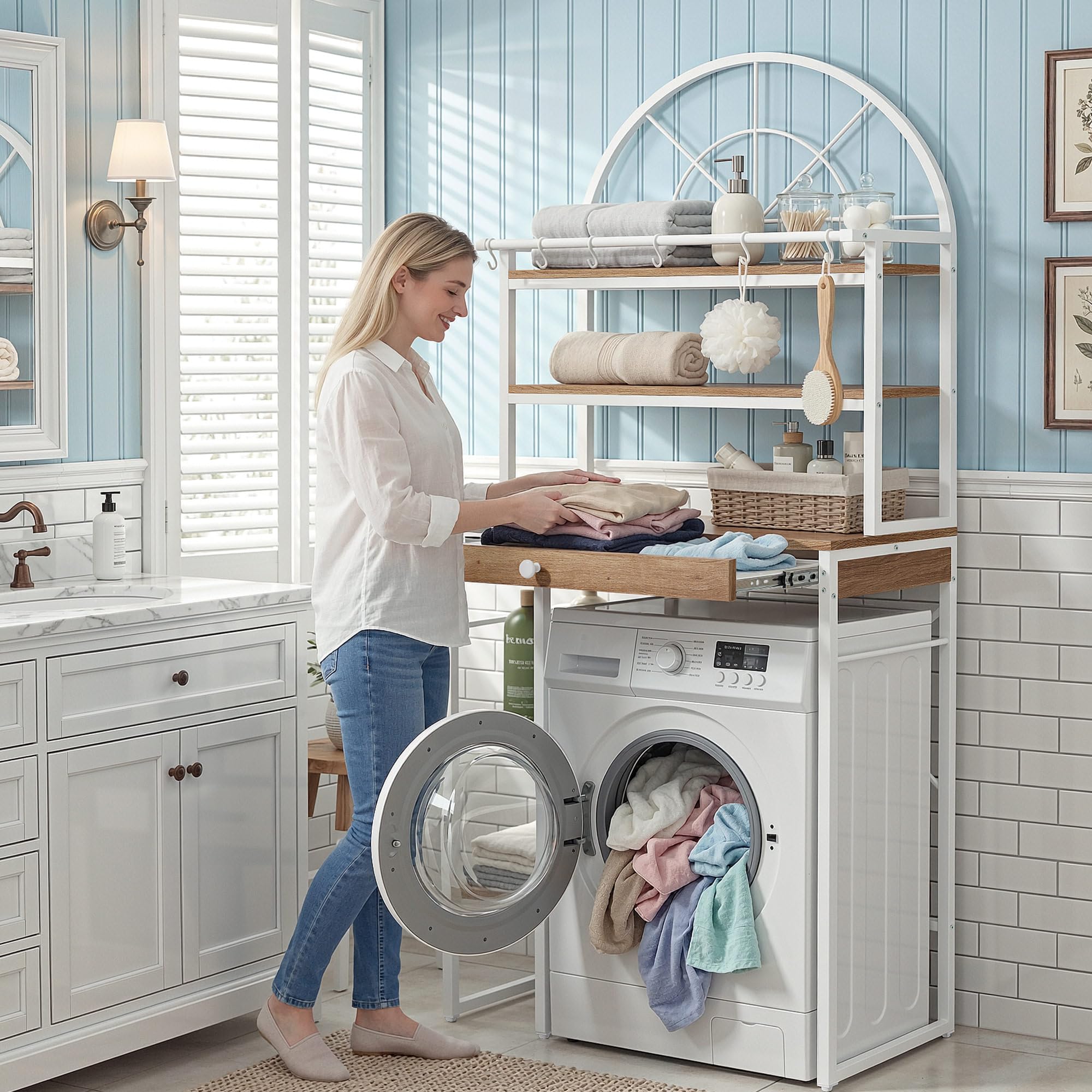 YITAHOME Scaffale multiuso da posizionare sopra la lavatrice o il WC, con 3 ripiani, design ad arco, struttura in metallo e legno con cassetto, 86 x 200 x 40 cm, colore bianco