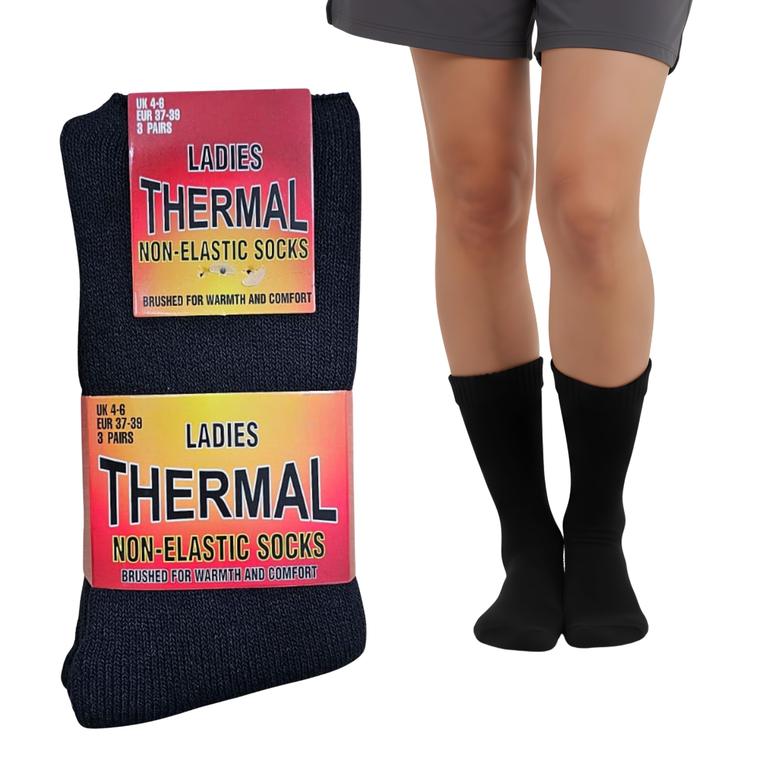 Shopmcr Women's 6 Pairs Black Thermal Non Elastic Socks, Winter Thicken Warm Wool Cozy Boot Socks For Hiking Walking Casual, Uk 4-6 (Bk, 6Pk)