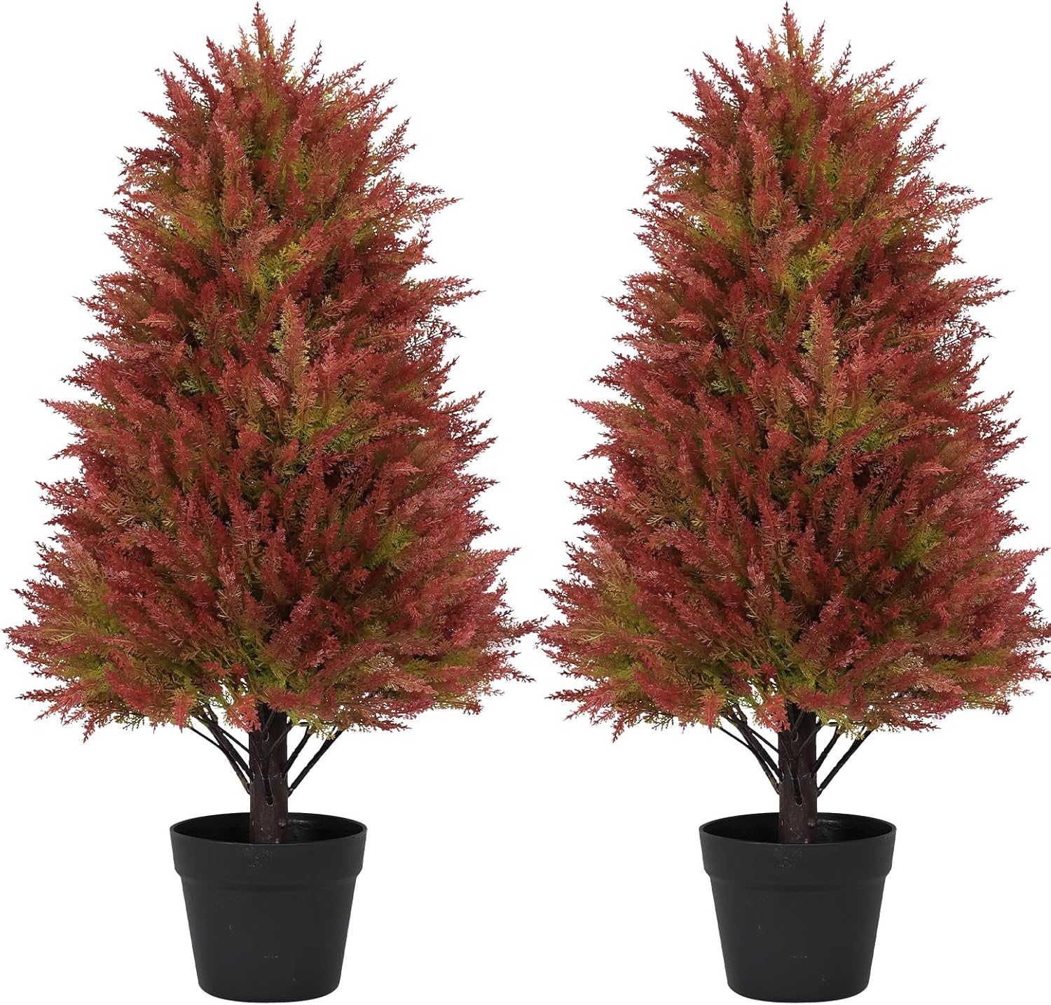 30" fall artificial cedar topiary trees set of 2 – 2.5ft uv resistant faux cypress pine plants for outdoor planters, realistic fake shrubs and bushes for front porch patio or autumn garden decor 30" cedar green-red