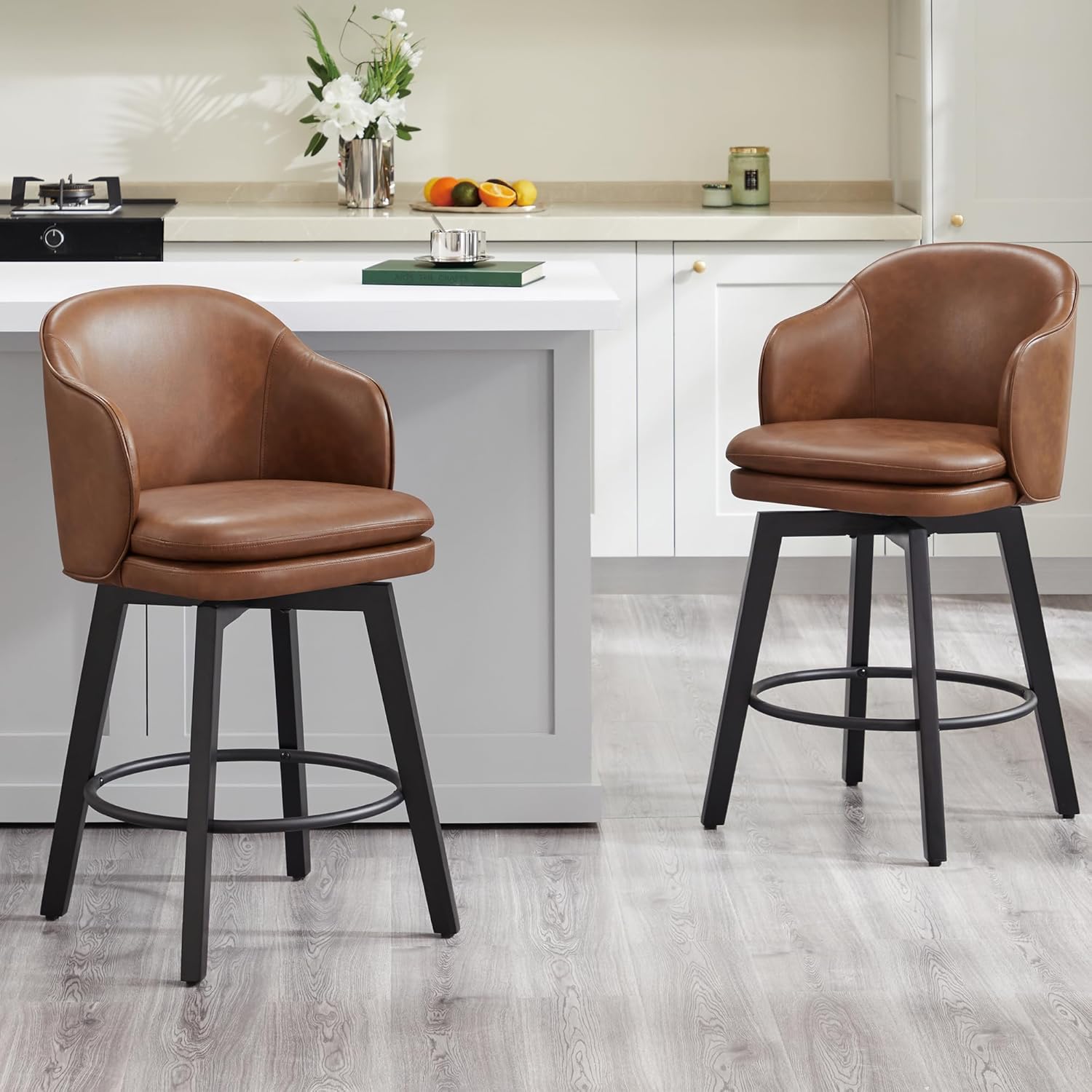 Counter Height Barstool 26 inch Upholstered Swivel Bar Stools with Back and Wood Legs for Kitchen Island ,Brown PU Leather Brown Pu Leather 