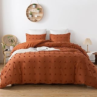 Andency Terracotta Tufted Dot Duvet Cover Queen Size (90x90 inch), 3 Pieces (1 Jacquard Duvet Cover, 2 Pillowcases) All Season Soft Washed Microfiber Duvet Cover Set with Zipper Closure, Corner Ties