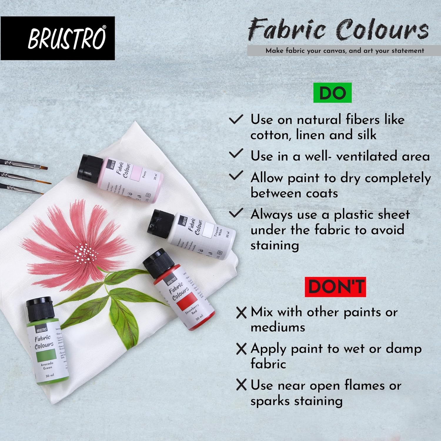 BRUSTRO Artists Fabric Colours - Set of 12, 30ml Bottles | High Pigmented Color, Fade Resistent, Intermixable, Permanent, Ideal to Paint on Clothes,Jeans,T-shirt, Bags,Textile Paint, DIY fashion
