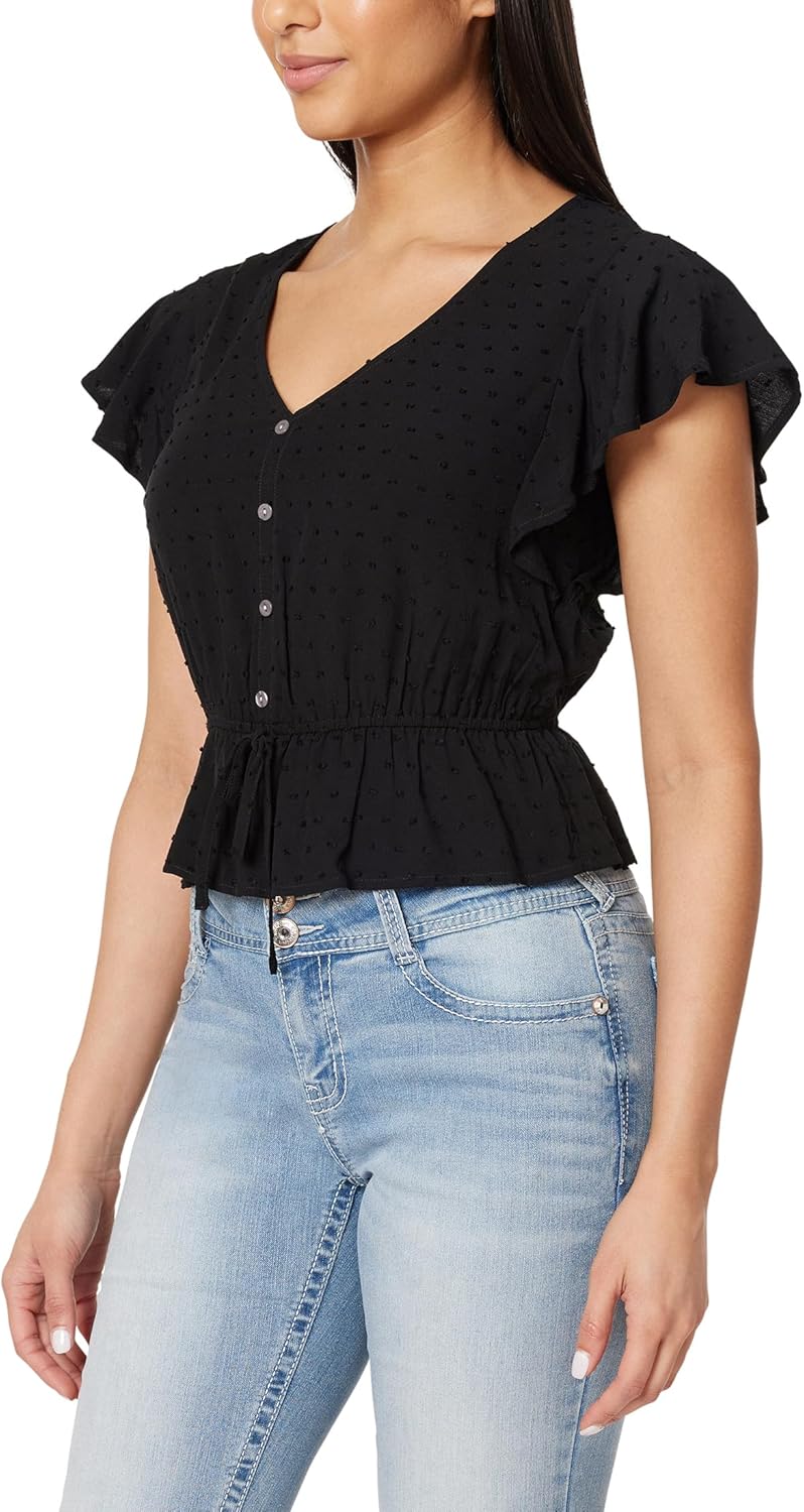 WallFlower Women's Adrianne Flutter Sleeve V-Neck Rayon Challis Swiss Dot Peplum Top - Image 3