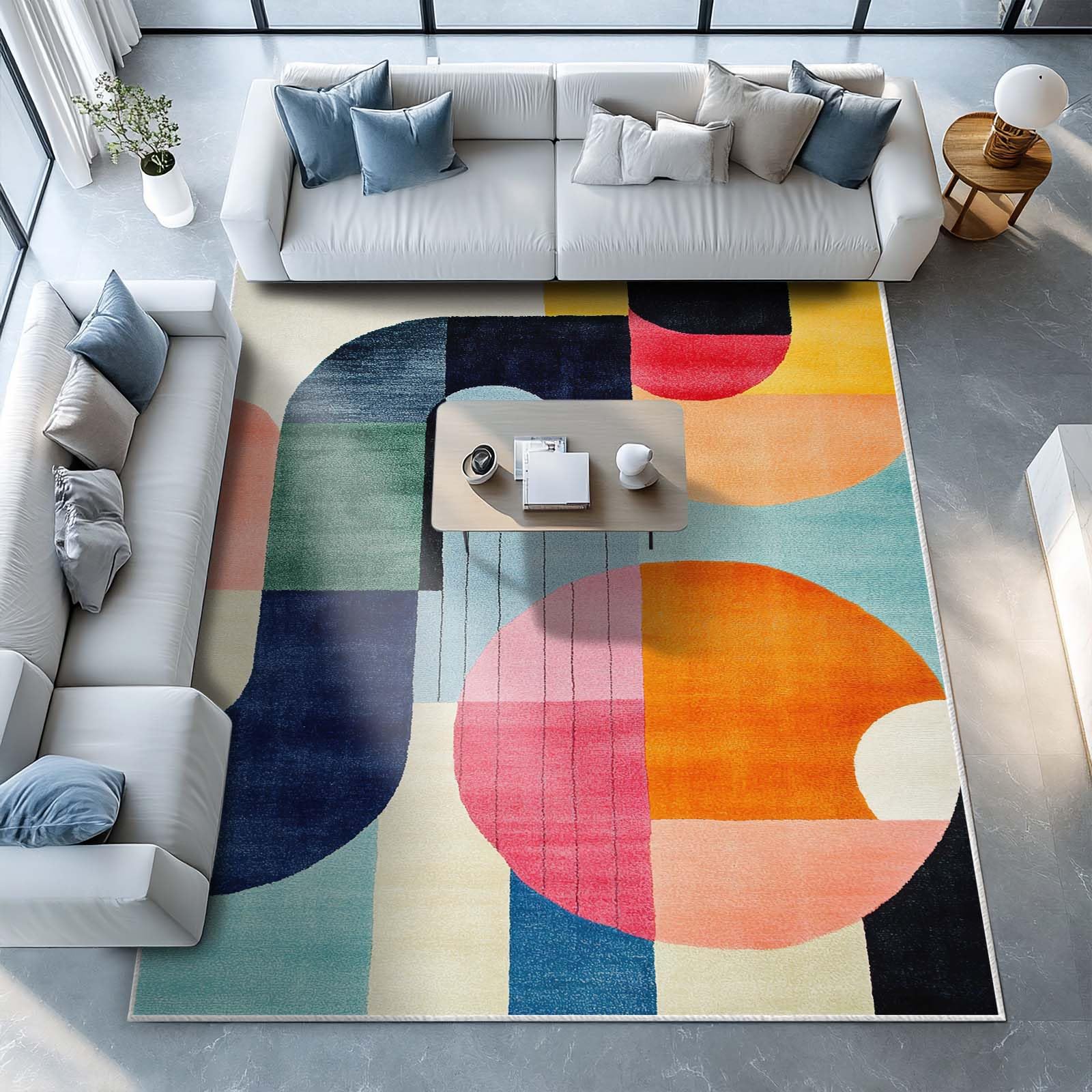 8x10 Colorful Area Rug Modern Abstract Orange Yellow Pink Blue White Beige Black Bedroom Rug Low Pile Thin Large Carpet Living Room Non Slip Dining