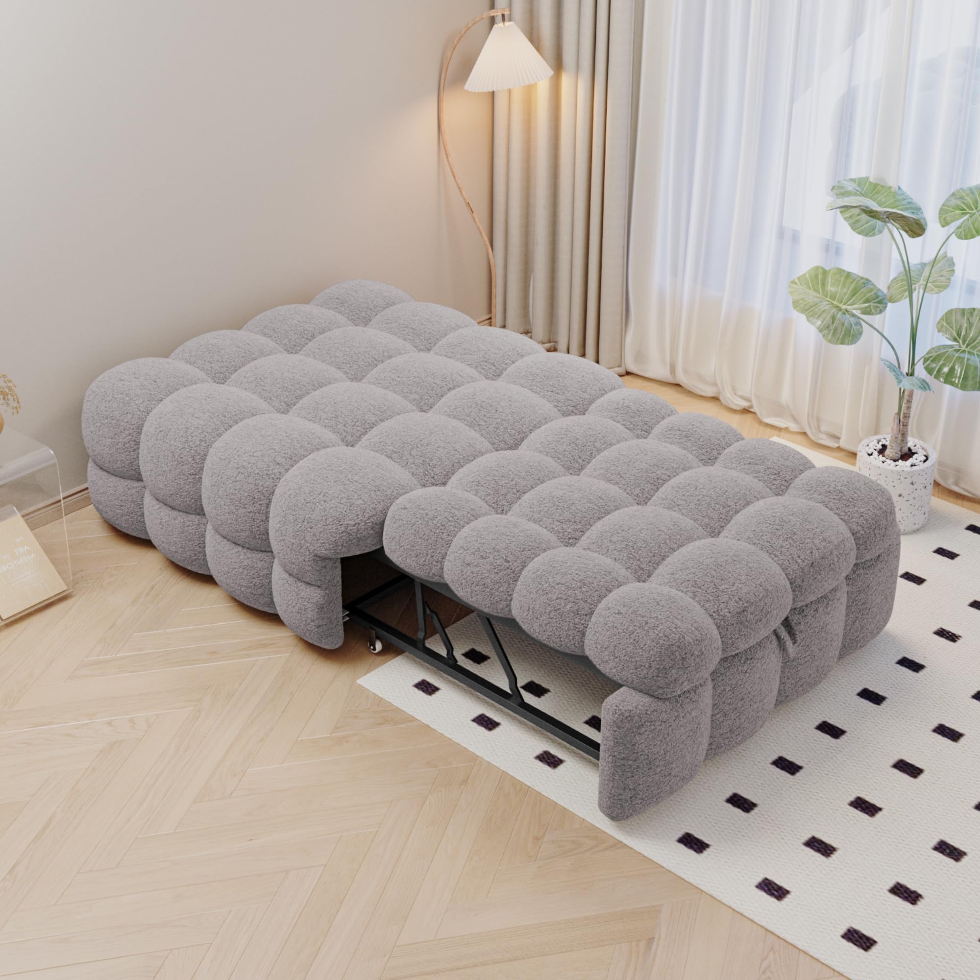 Letto imbottito, poggiapiedi 2 in 1, divano letto, letto singolo, letto gonfiabile, tessuto in peluche, grigio