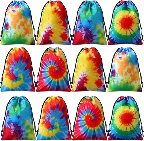 24 bolsas de regalo de fiesta de teñido anudado con cordón, bolsa de regalo de cumpleaños, bolsa de golosinas coloridas, bolsas de poliéster para