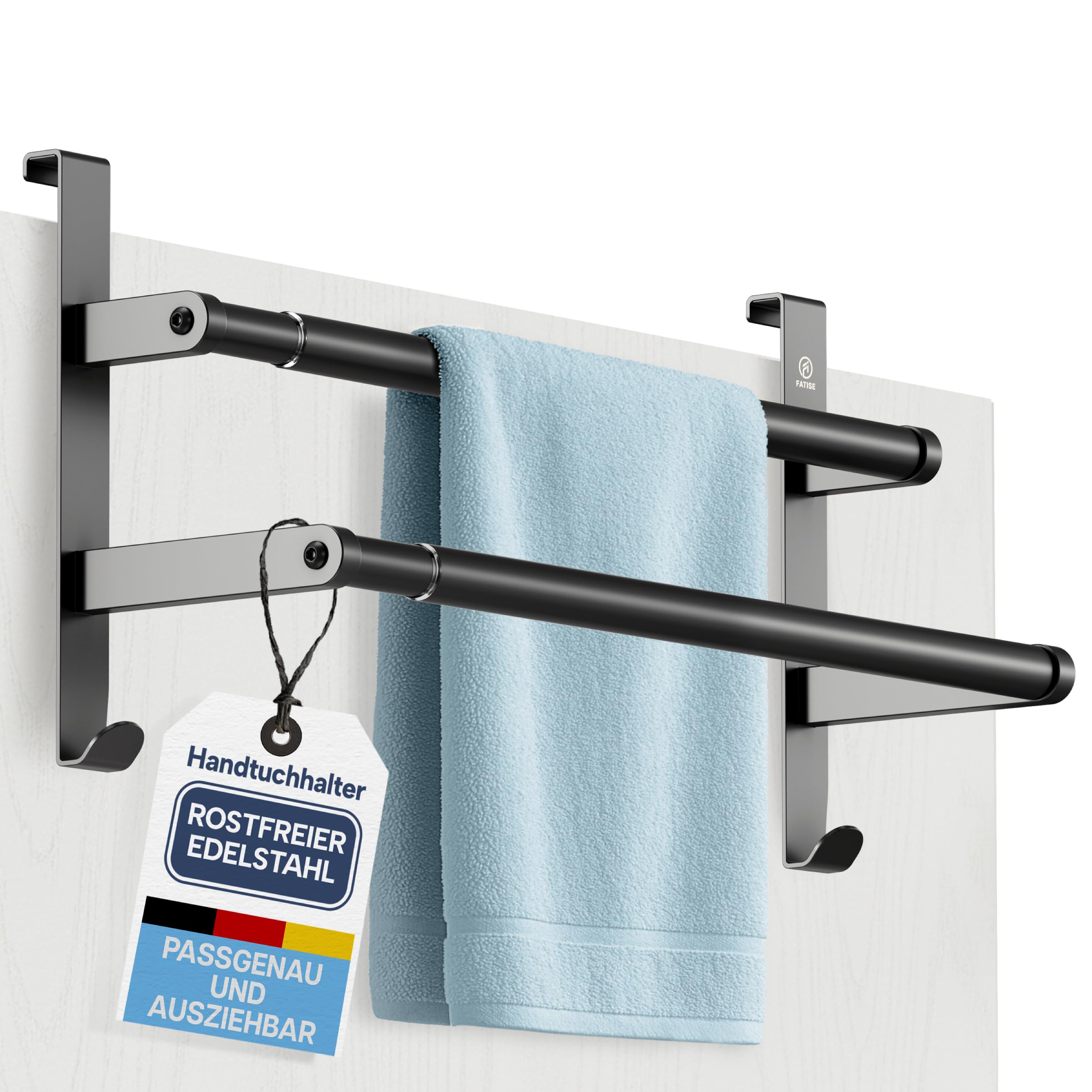 FATISE Handtuchhalter ohne Bohren - Passend für deutsche Türen - Ausziehbarer Handtuchhalter Tür 43-80cm - Edelstahl - Handtuchstange inkl. Kratzschutz