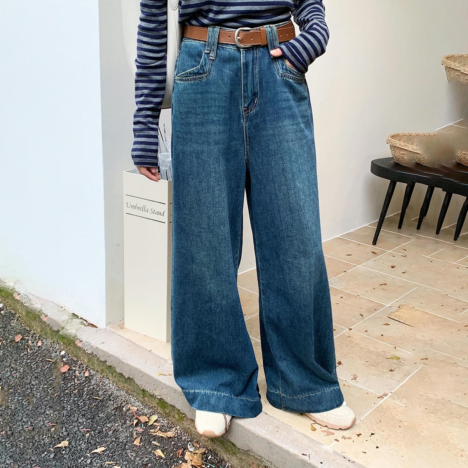 Pantalones Vaqueros de Tiro Alto y Pierna Ancha para Mujer, Holgados y Rectos - Azul ámbar - M