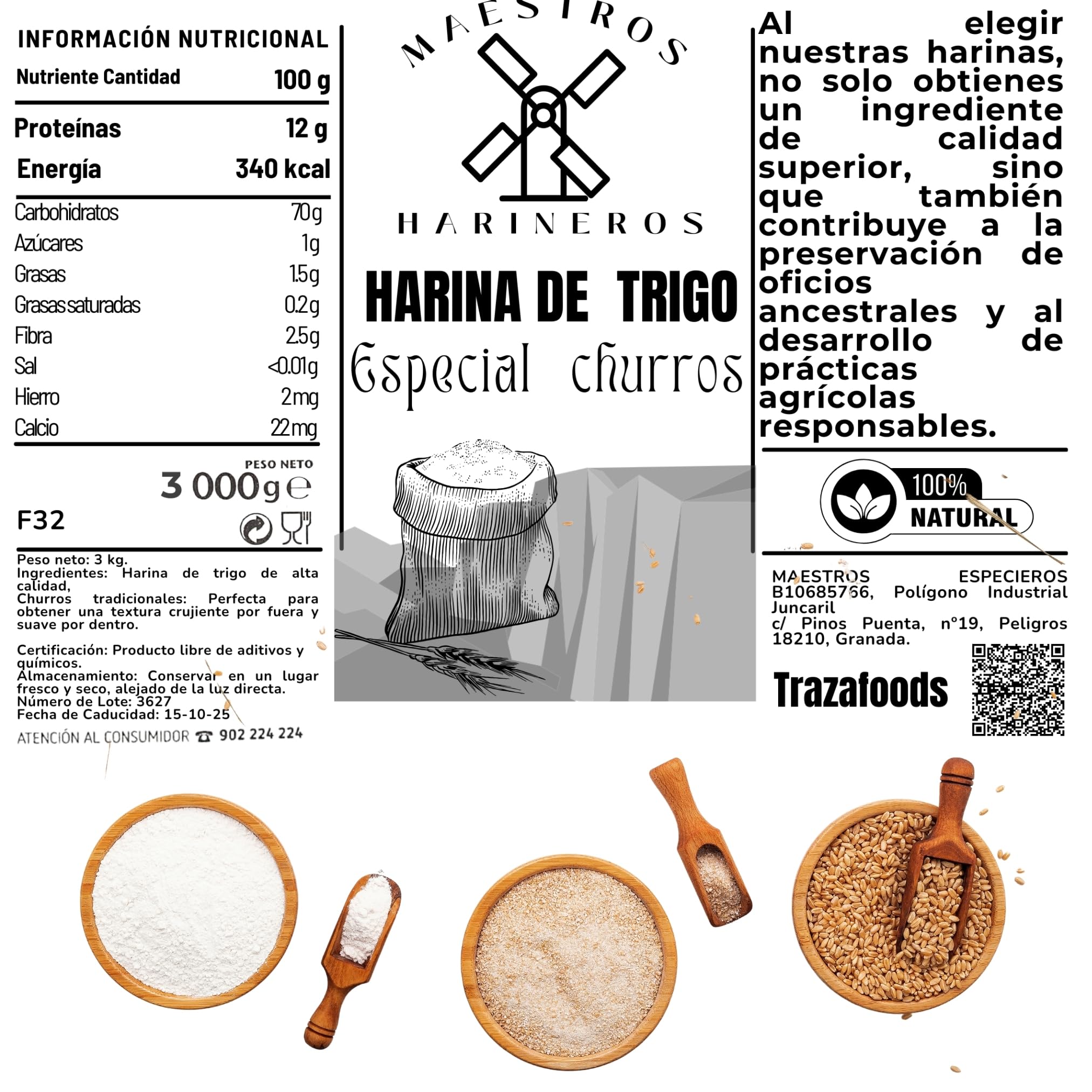 Harina de Trigo para Churros, 3 kg - Maestros Harineros - Granulometría Fina, 100% Trigo Duro