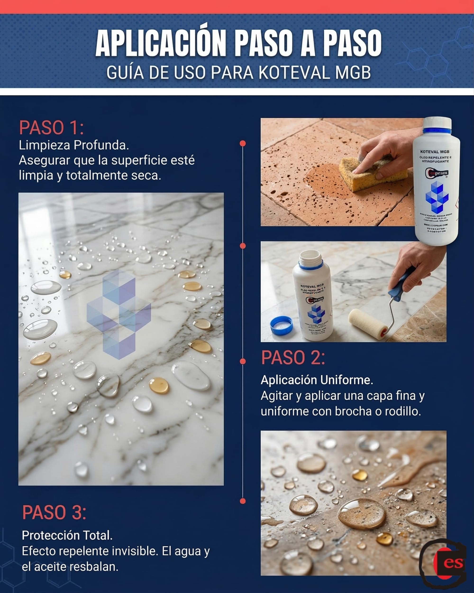KOTEVAL MGB 1 L Antimanchas para Mármol, Granito y Piedra Natural, Protector Hidrófugo Oleófugo Invisible, Ayuda a Repeler Agua, Grasa y Suciedad en Superficies Porosas
