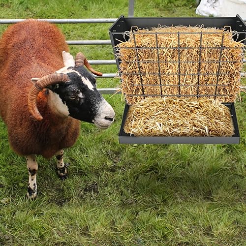 Miniatura 7 de Estante de heno para montaje en pared, de metal galvanizado resistente 2 en 1, alimentador de heno y granos, comedero para ganado con distancia