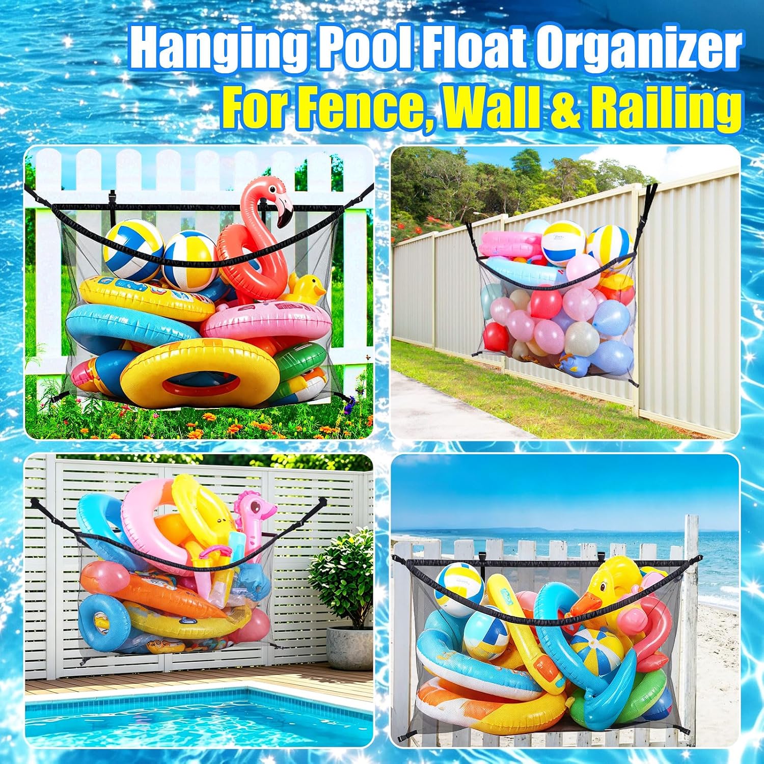 Extra Large Pool Float Storage Net 59"x33.5" – Hanging Mesh Bag for Fence, Pool Toy Organizer for Noodles Floats Balls Inflatables, Above Ground Poolside Storage with Adjustable Straps - Black