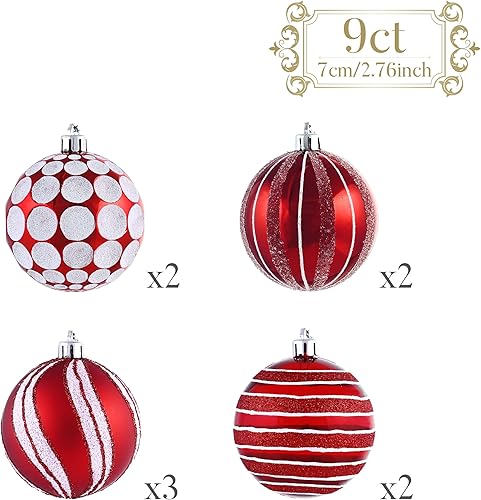 Miniatura 3 de Valery Madelyn Juego de adornos de Navidad, 9 unidades, bastón de caramelo, rojo y blanco, juego de decoración de árbol de Navidad inastillable,