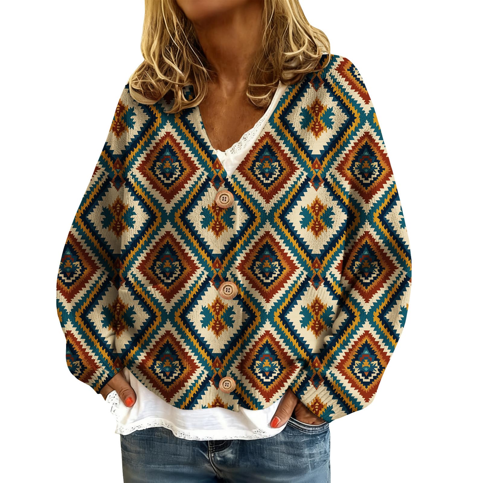 Womens Plus Size Cardigan Sweaters with Pockets Retro Western Aztec Print Open Front Button Down Sweater Cardigan