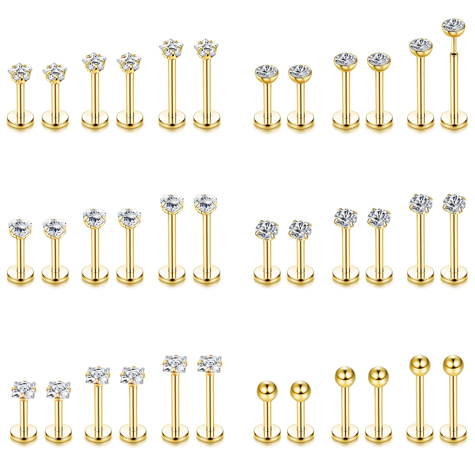YADOCA36Pcs Labret Piercing 16G Acero Inoxidable 6mm 8mm 10mm Pushin Labio Medusa Helix Tragus Piercing Joyería para Mujeres Hombres Plata/Oro/Oro Rosa