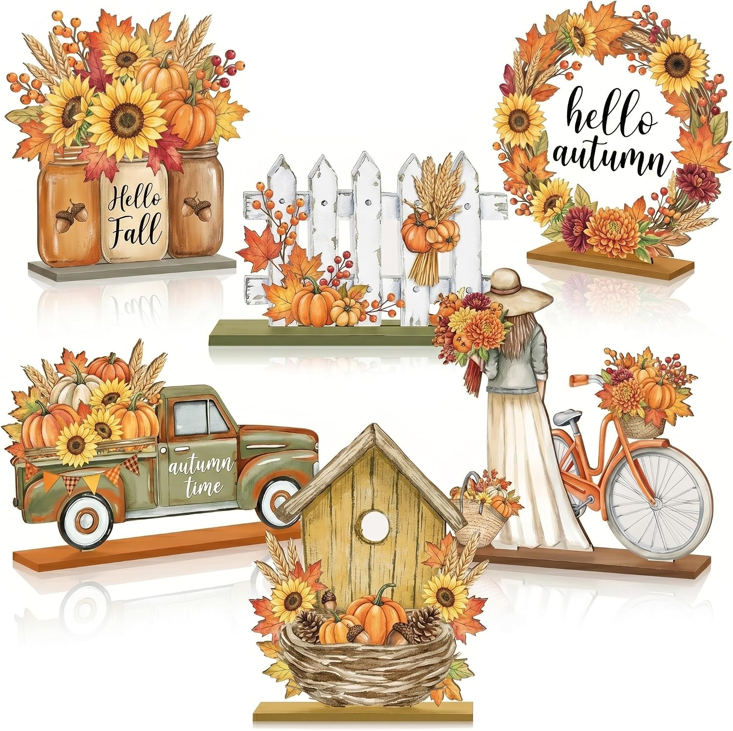 Vintage Wooden Fall Decor, 6pcs Fall Decorations for Home