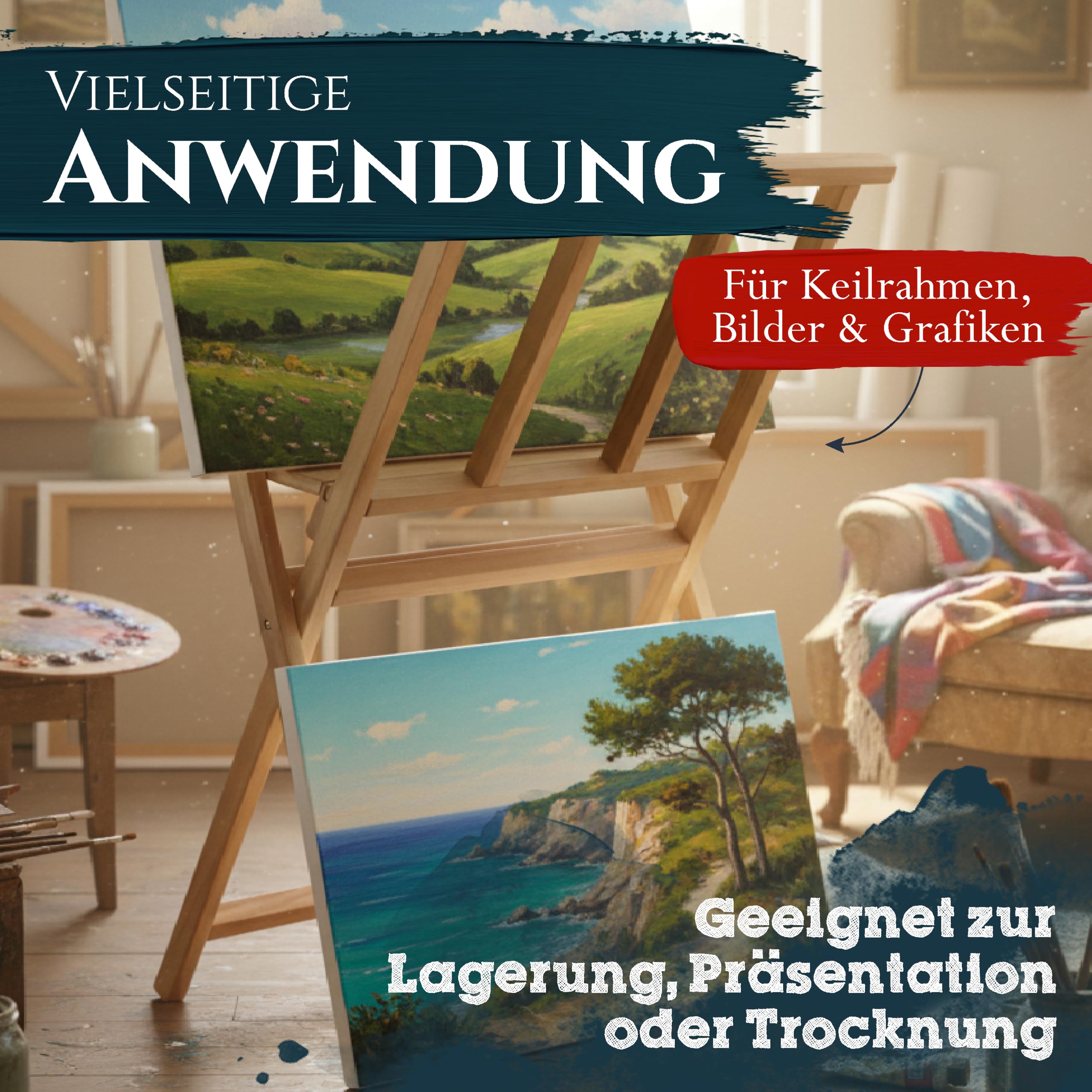 Artina Bilderwippe Bilderständer aus Buchenholz klappbarer Grafik-Ständer 65x48x71 cm – Bilderkrippe zur Aufbewahrung & Präsentation von Leinwänden, Zeichnungen, Gemälden