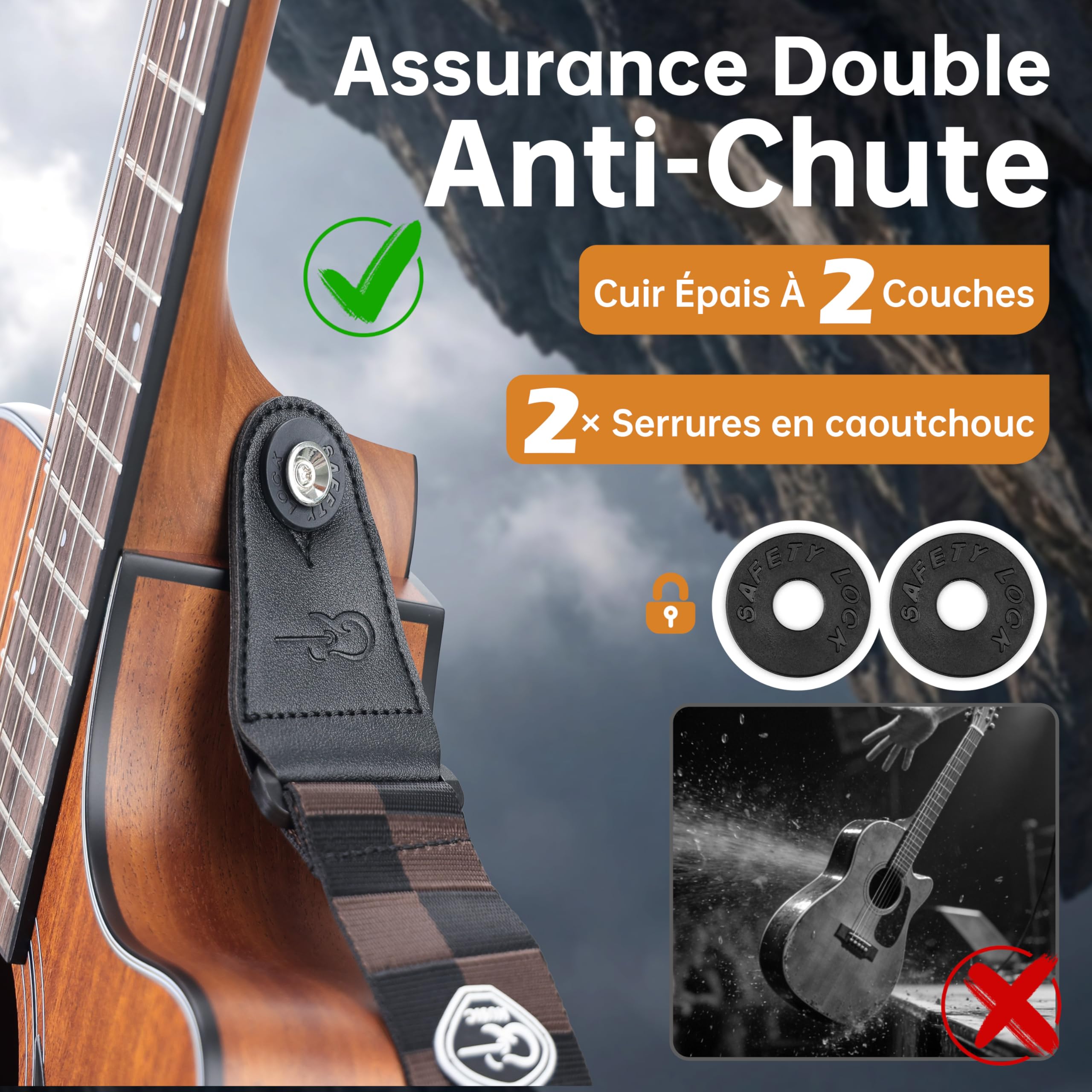 Sunya Sangle de guitare en nylon, 5 cm de large avec embouts en cuir, comprend des verrous de sangle en caoutchouc et des médiators, pour guitares acoustiques, électriques
