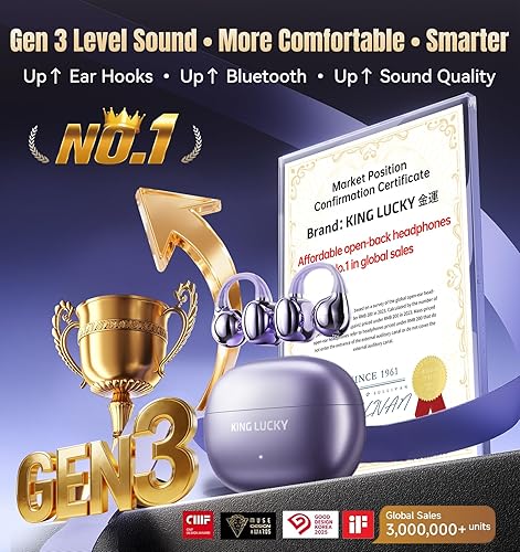 Miniatura 2 de King Lucky Auriculares de clip Gen 3, auriculares inalámbricos Bluetooth 6.0 de oreja abierta con micrófono, ajuste seguro para orejas pequeñas y