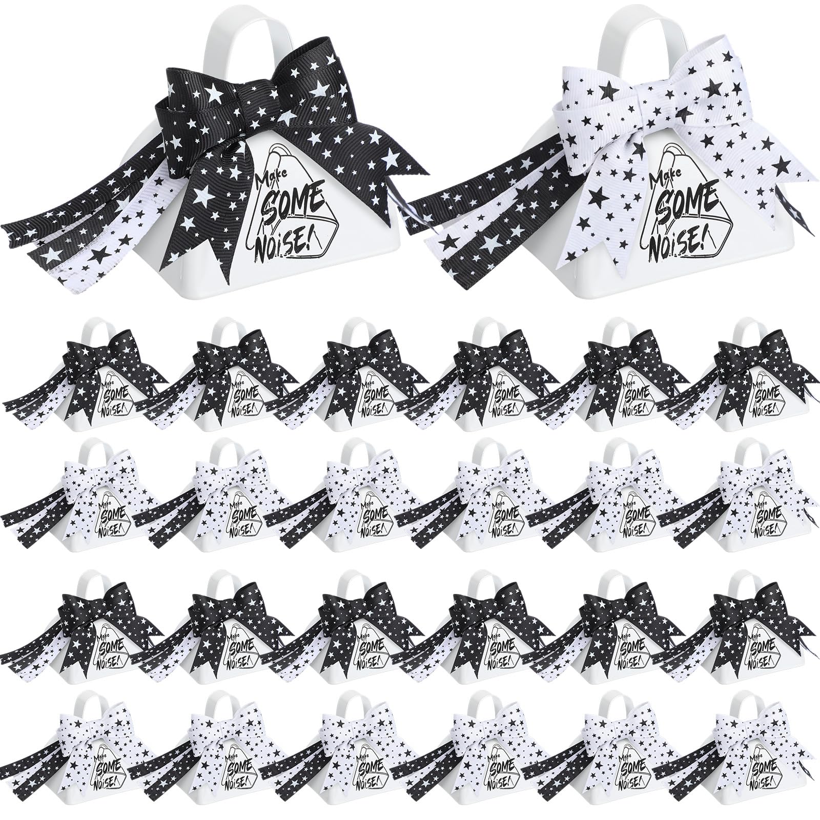 24 campanillas de metal con asa, campanas de vaca para hacer ruido para eventos deportivos, pequeñas campanas de vaca ruidosas con cinta para bodas, animar juegos de fútbol, 3 x 2.8 x 2.5