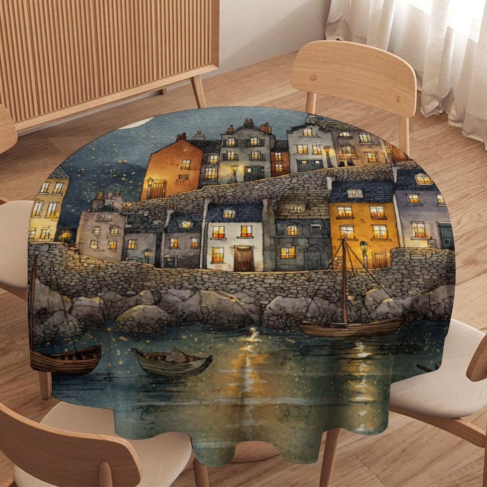 LUYYSKY Fantasy Vintage Coastal City Round Tablecloth Classic Art Full Moon Starry Night Galaxy Sailboat Ship Washable Decor for Table Cover for Kitchen-91.4" Wx91.4 L cm