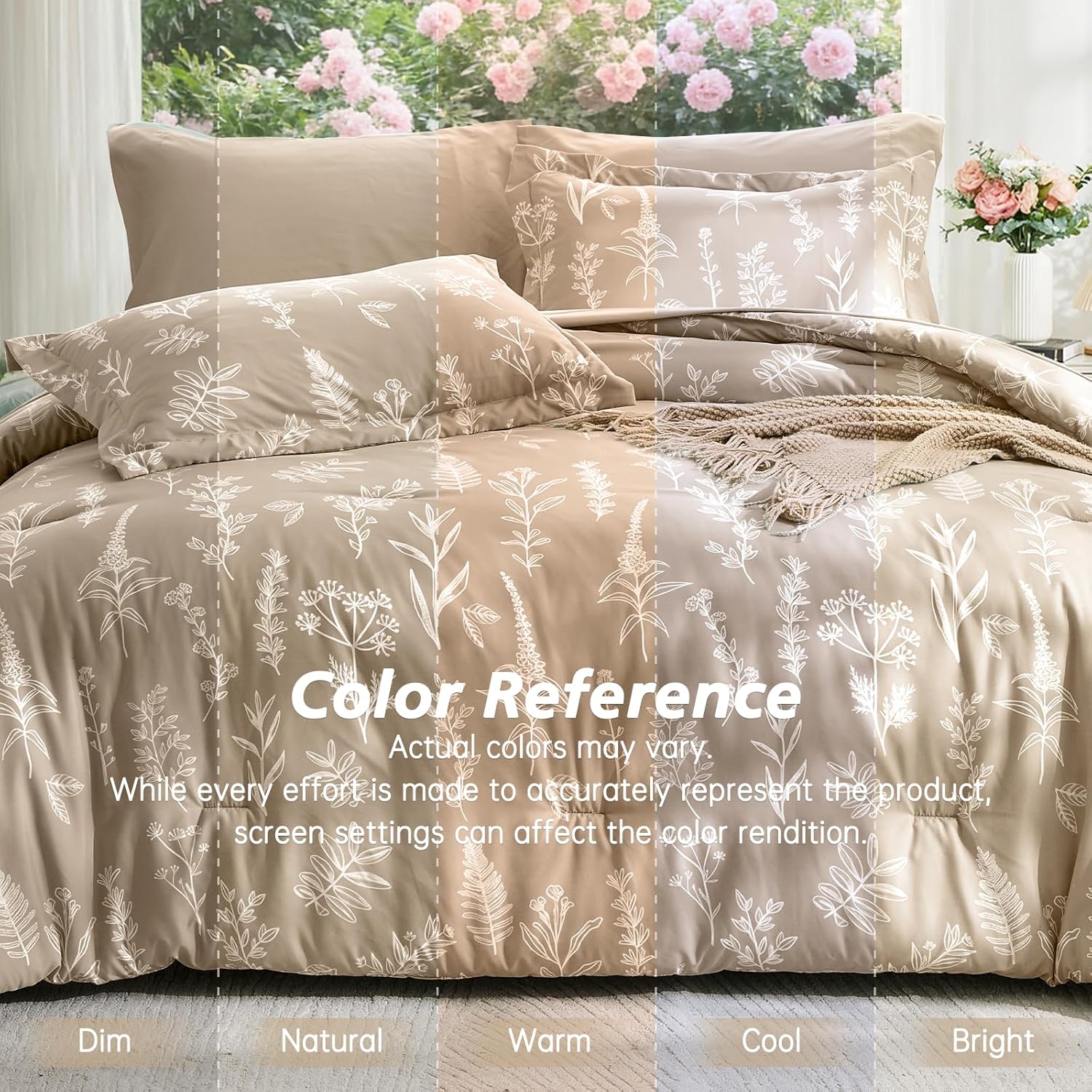 MUXHOMO Taupe Bed in a Bag Queen 7 Pieces, Queen Comforter Set Reversible Botanical Flowers Design, Ultra Soft & Breathable Bedding Sets with Comforter, Sheets, Pillowcases & Shams - Image 6