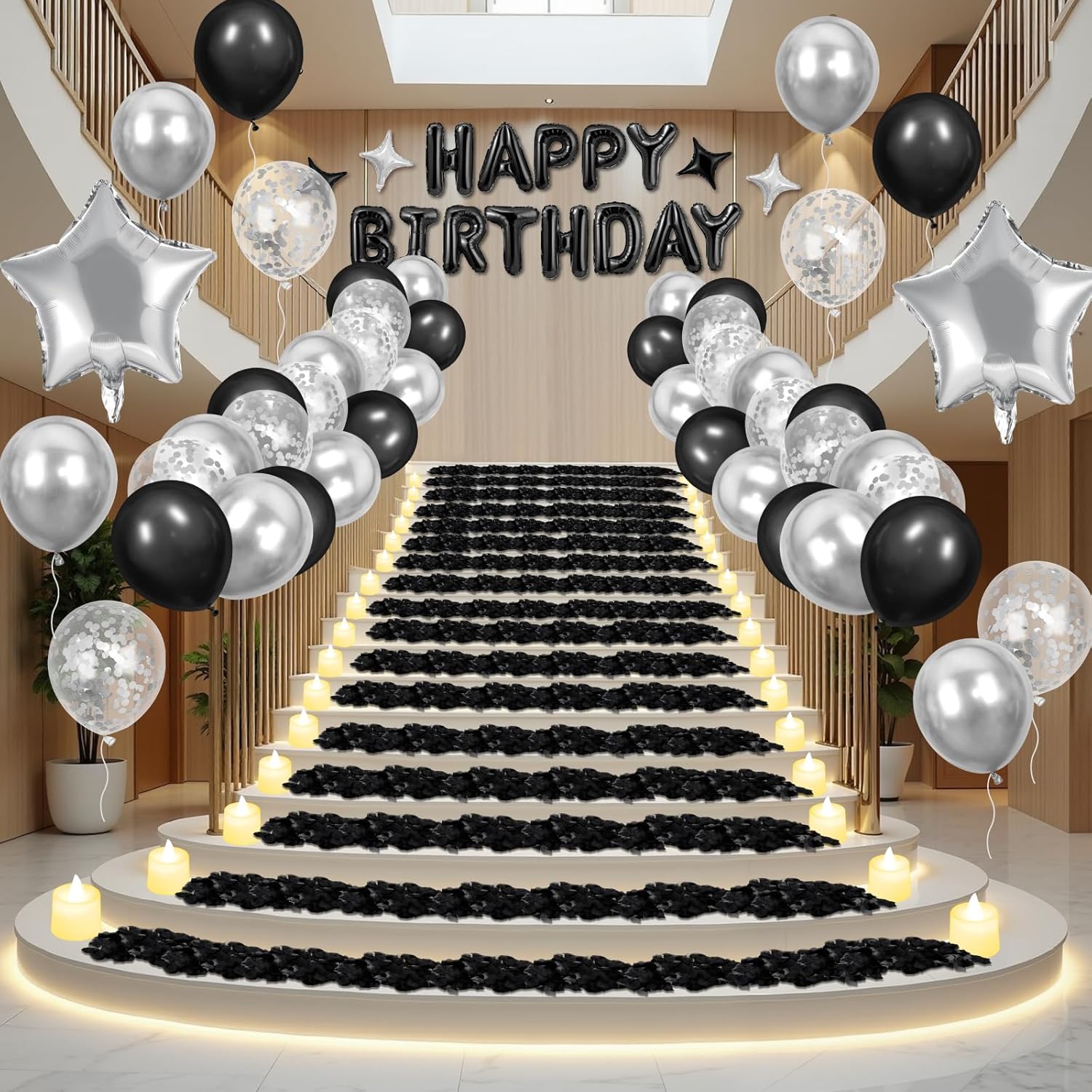 Black Happy Birthday Balloons Decorations Silver and Black Birthday Balloon Letters Banner with 6 Pcs Star Balloons 1000 Artificial Rose Petals 24 Flameless LED Candles for Room Birthday Party Decor