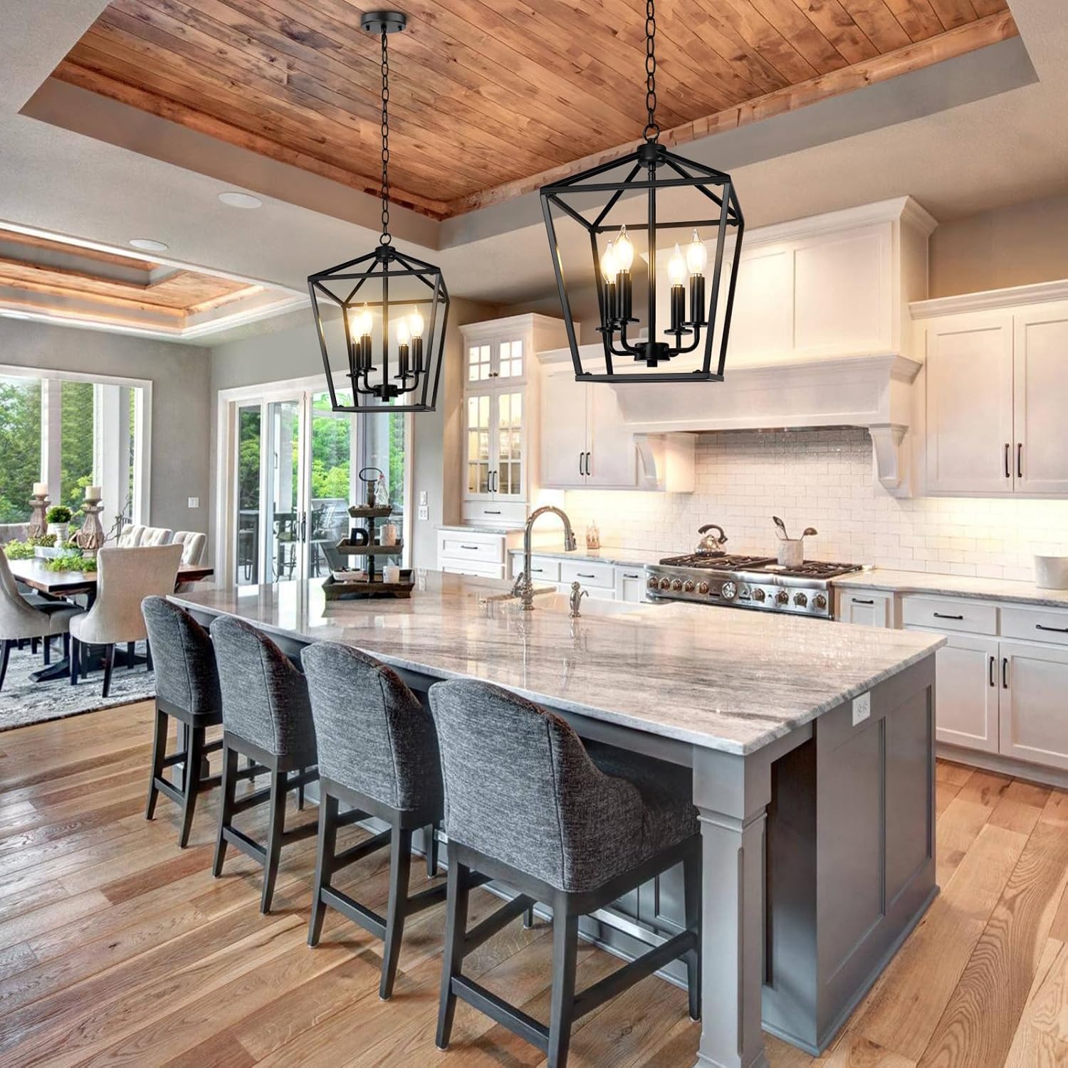 BrightHome Farmhouse Chandelier 4-Light, Black Pendant Light Fixture for Kitchen Island Dining Room, Lantern Industrial Lighting Ceiling Hanging with Metal Cage Adjustable Height for Entryway Foyer