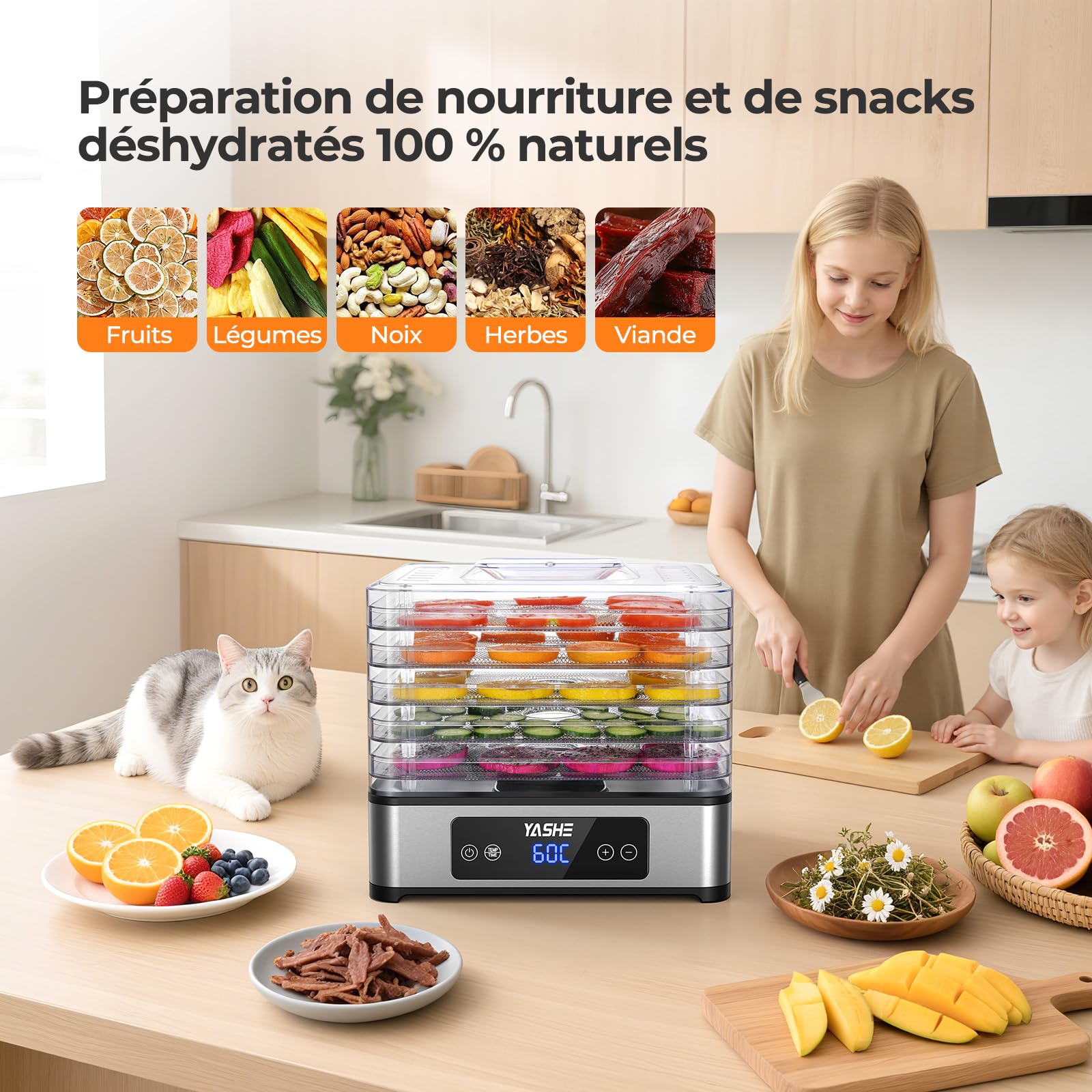 YASHE Déshydrateur Alimentaire, 5 Plateaux En Acier Inoxydable, Minuterie Et Température Réglables, Flux D'Air À 360°, Sans BPA, Déshydrateur 400W Pour Jerky, Fruits, Herbes, Friandises Pour Chiens